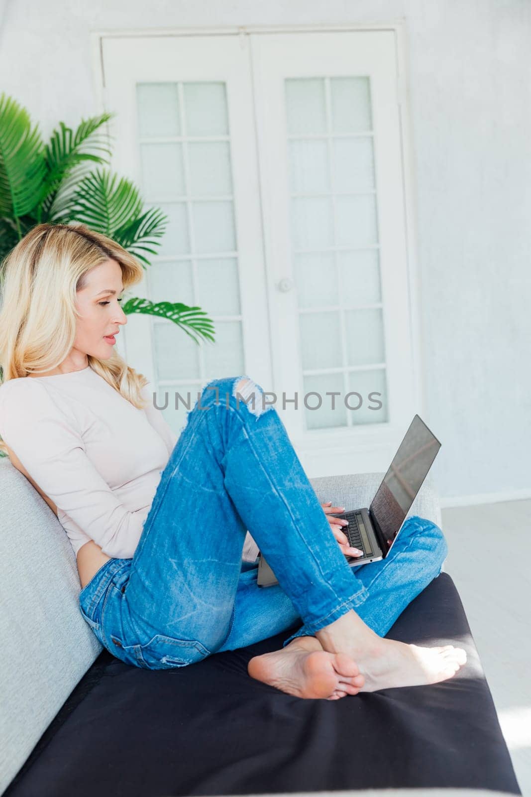 a remote work woman with laptop computer in room internet conversation online communication communication