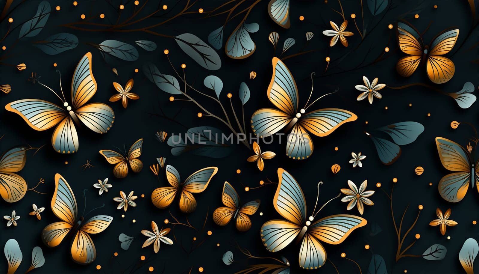 Cute wildflowers and night butterflies seamless pattern. Flowers and insects. art illustration. Navy blue background and gold foil printing. Dark floral pattern for textiles, paper, wallpapers. by Annebel146