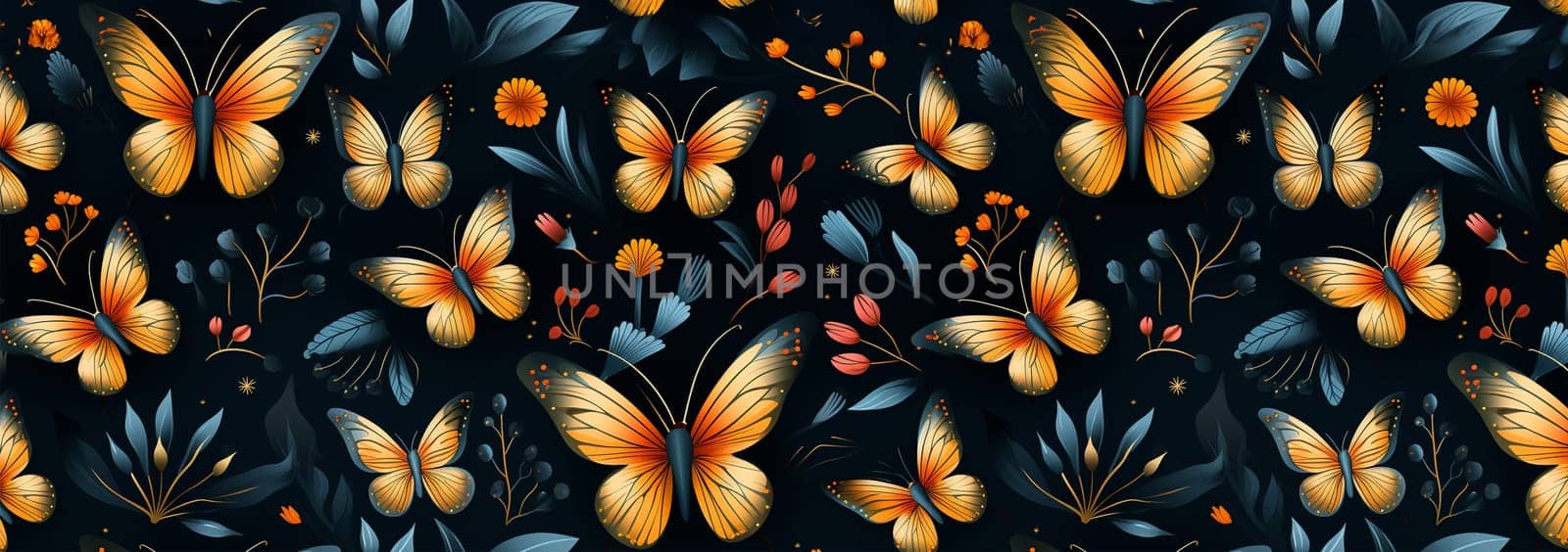 Cute wildflowers and night butterflies seamless pattern. Flowers and insects. art illustration. Navy blue background and gold foil printing. Dark floral pattern for textiles, paper, wallpapers. Orange and blue