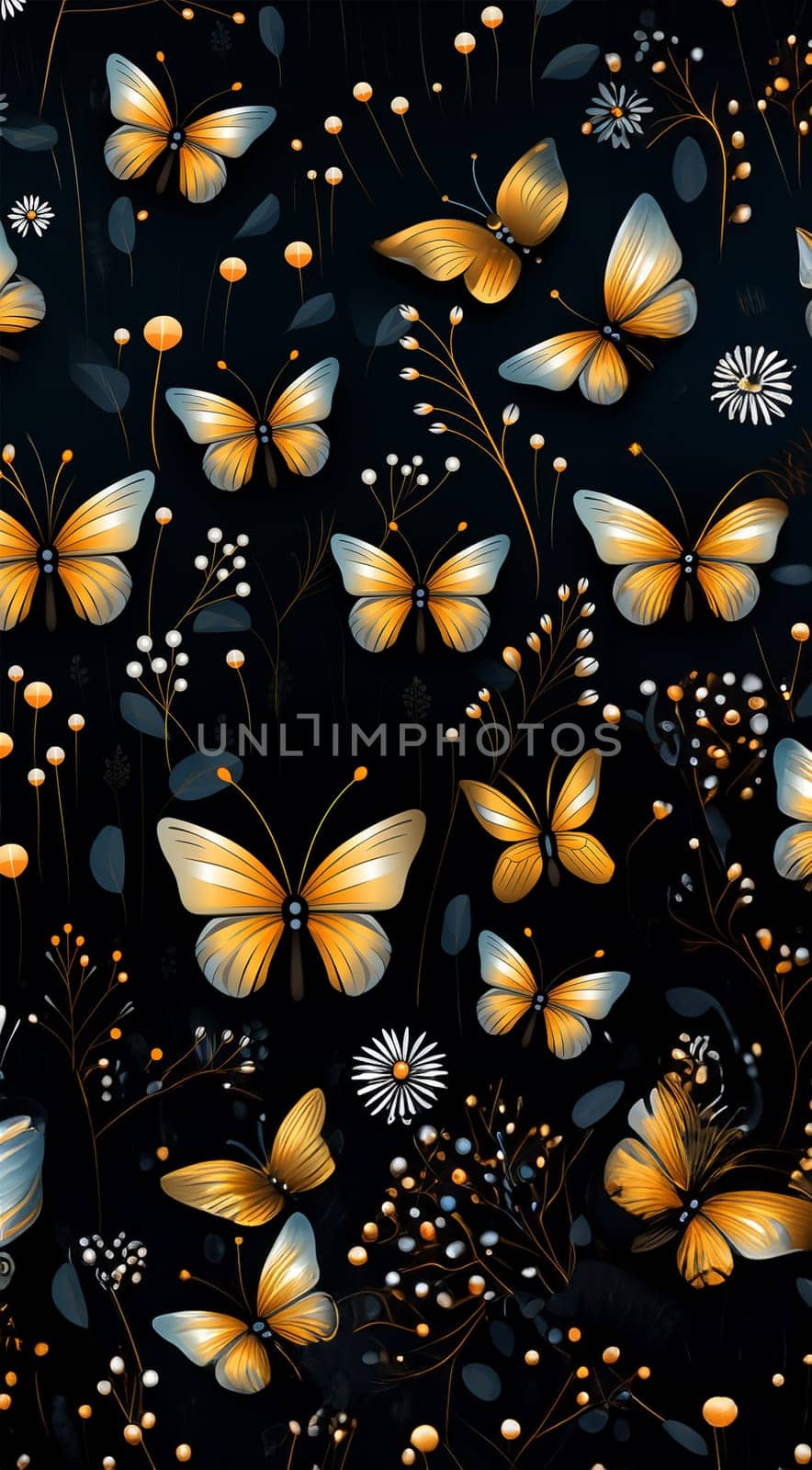 Cute wildflowers and night butterflies seamless pattern. Flowers and insects. art illustration. Navy blue background and gold foil printing. Dark floral pattern for textiles, paper, wallpapers. Orange and blue