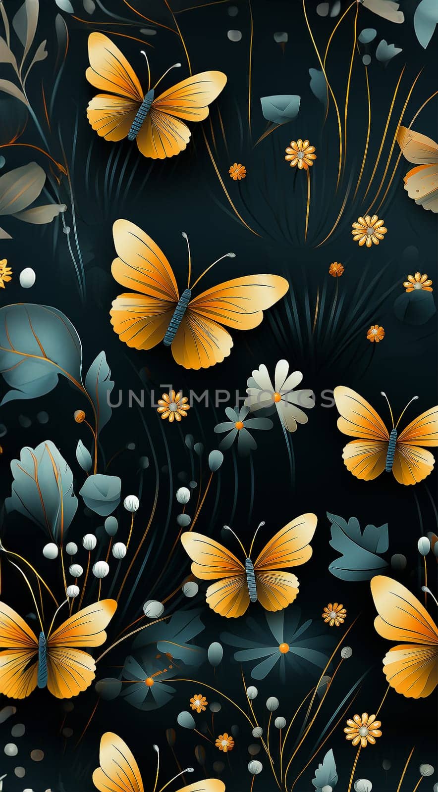 Cute wildflowers and night butterflies seamless pattern. Flowers and insects. art illustration. Navy blue background and gold foil printing. Dark floral pattern for textiles, paper, wallpapers. by Annebel146