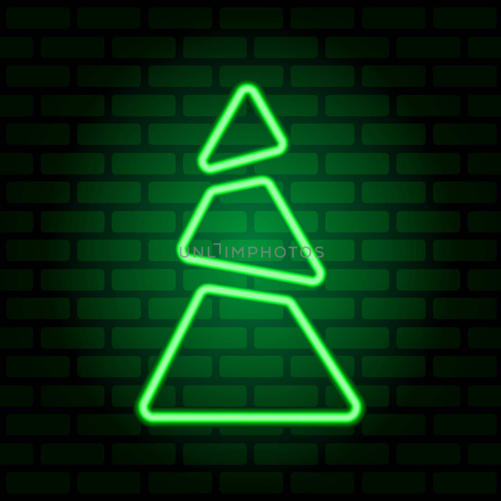 Neon green Christmas tree on illuminated brick wall background. Symbol of Christmas and New Year. Illustration