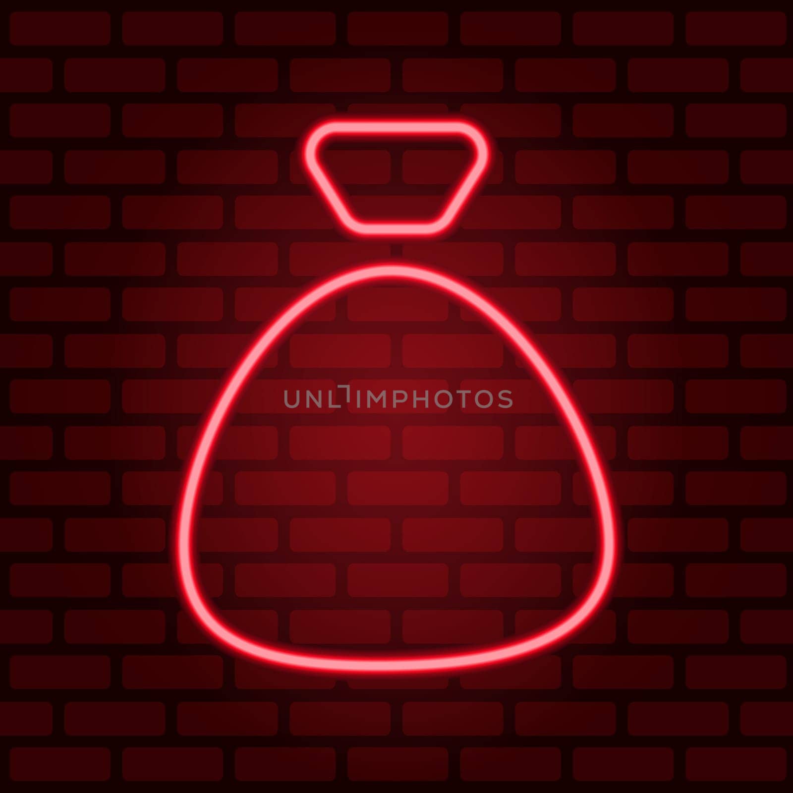 Red neon gift bag isolated on illuminated brick wall background. Illustration. by okskukuruza