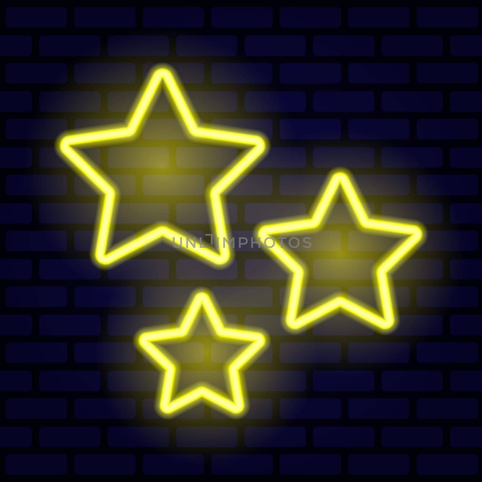 Three yellow bright neon stars illuminated on a brick wall background with backlight. Illustration. by okskukuruza