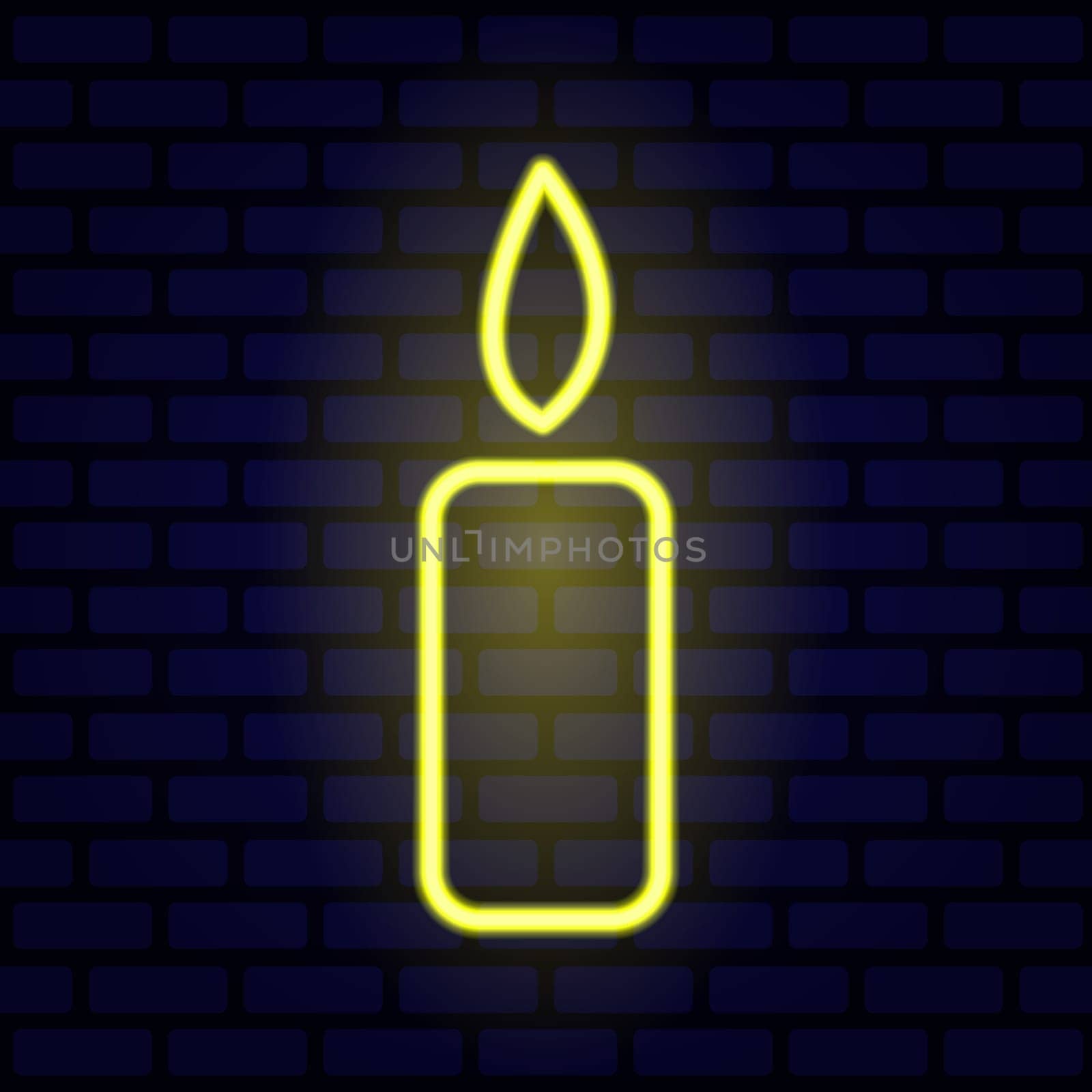 Yellow burning candle neon sign on illuminated blue brick wall background. Candle with a burning flame. Illustration in neon style