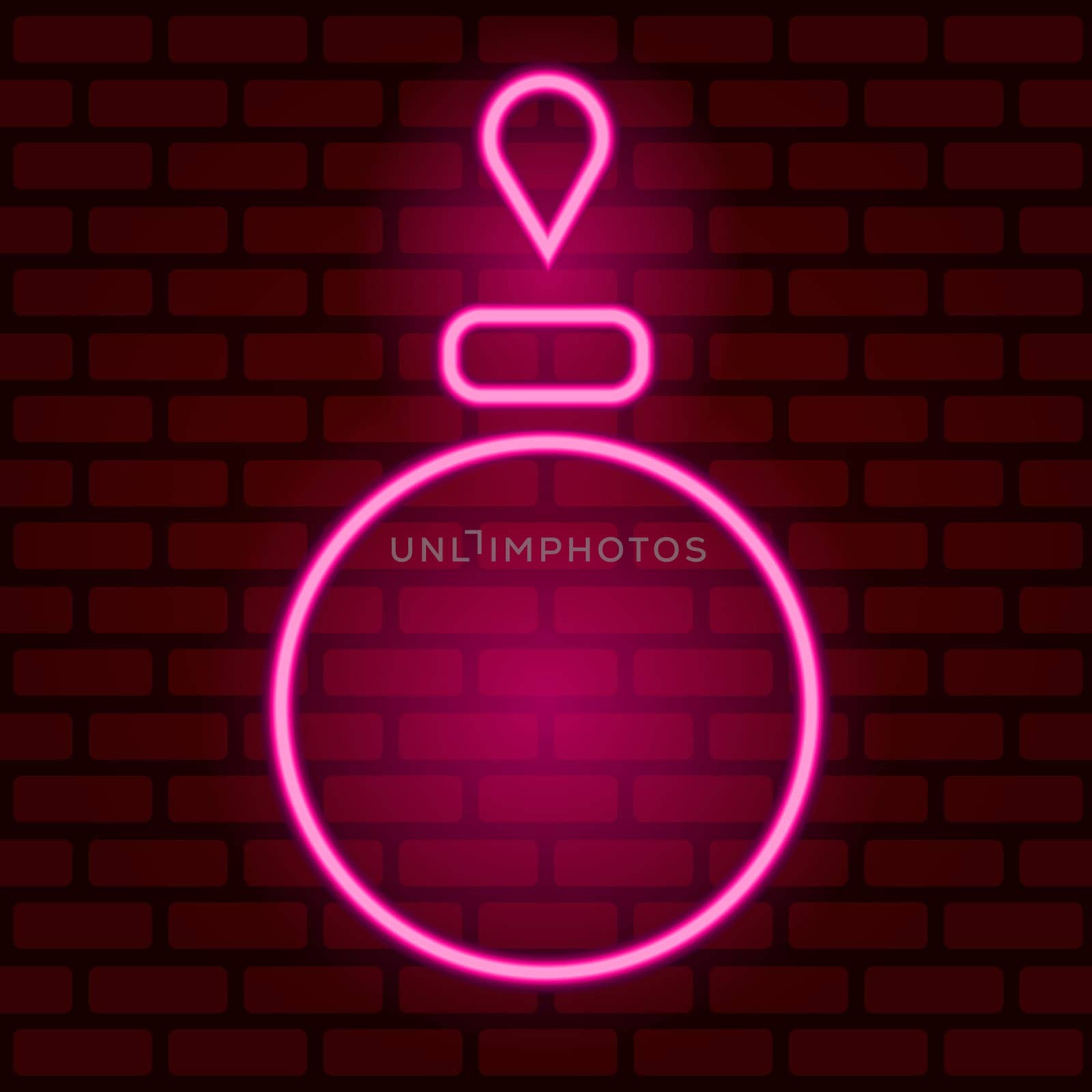 Glowing neon pink Christmas ball icon isolated on brick wall background. Merry Christmas and Happy New Year. Illustration