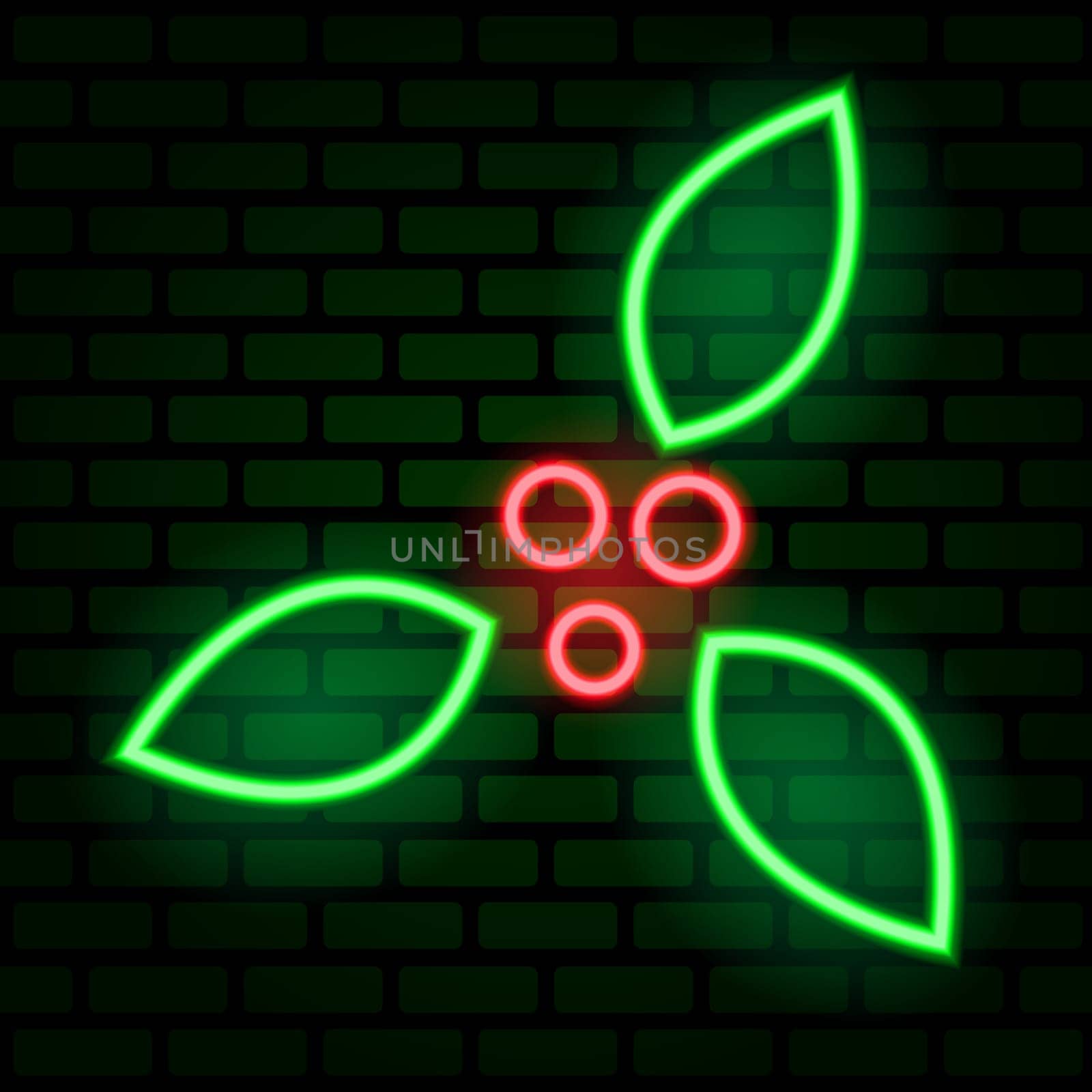 A mistletoe glowing neon sign illuminated the green brick wall. Illustration icon