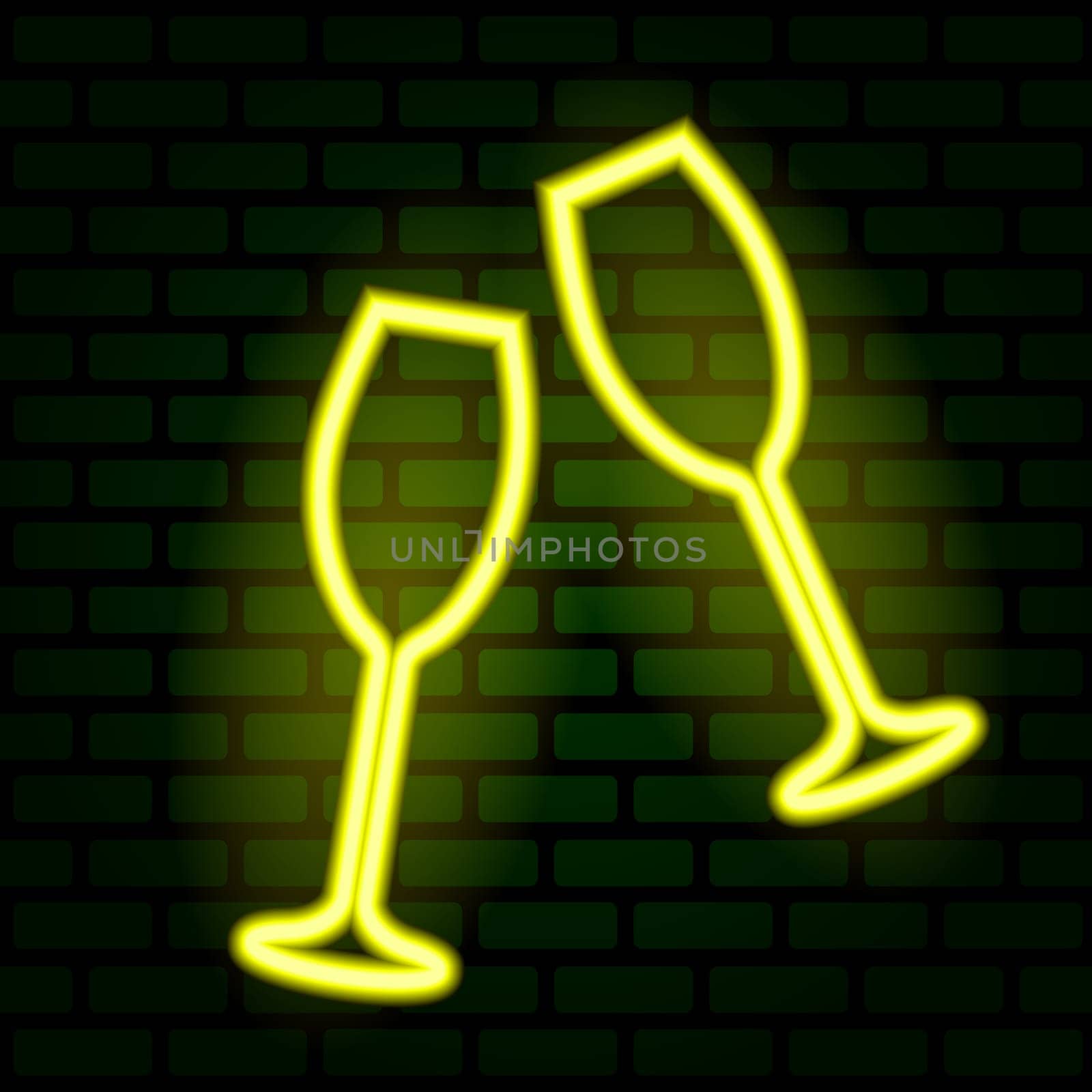 Two clinking yellow neon champagne glasses sign illuminated on the green brick wall. Illustration in neon style. by okskukuruza