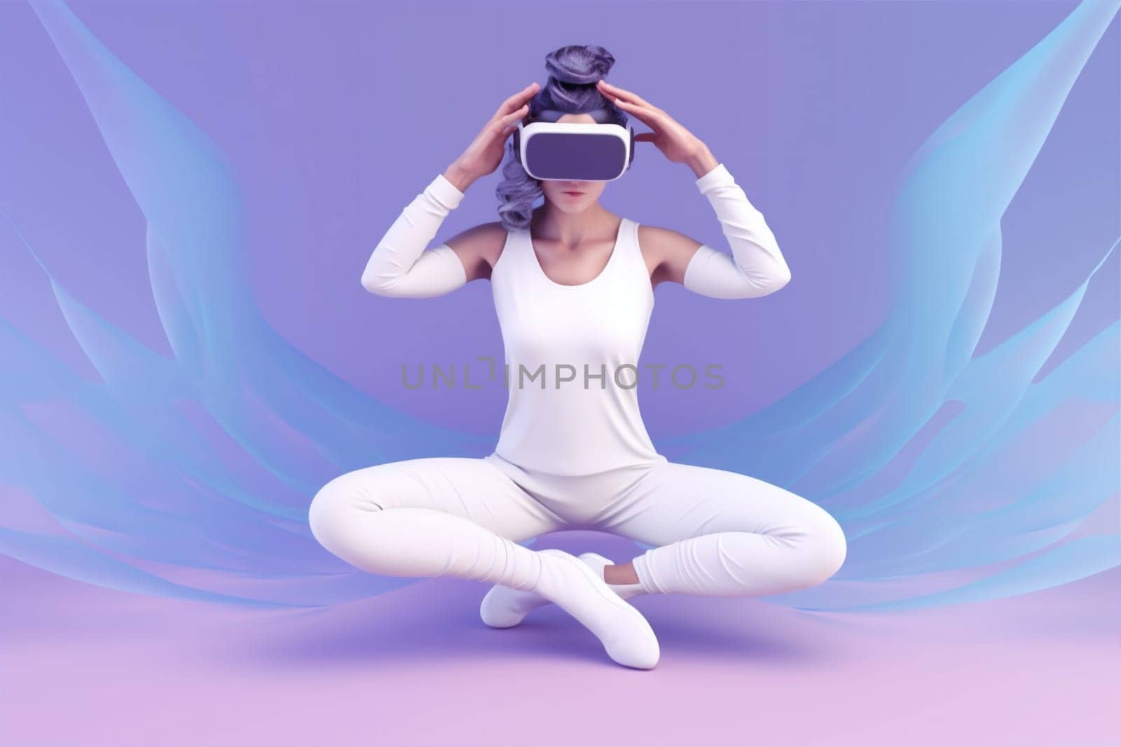 woman character virtual goggle neon happy innovation glasses game sport smart tech cyberspace digital reality person connect vr three-dimensional yoga freedom. Generative AI.