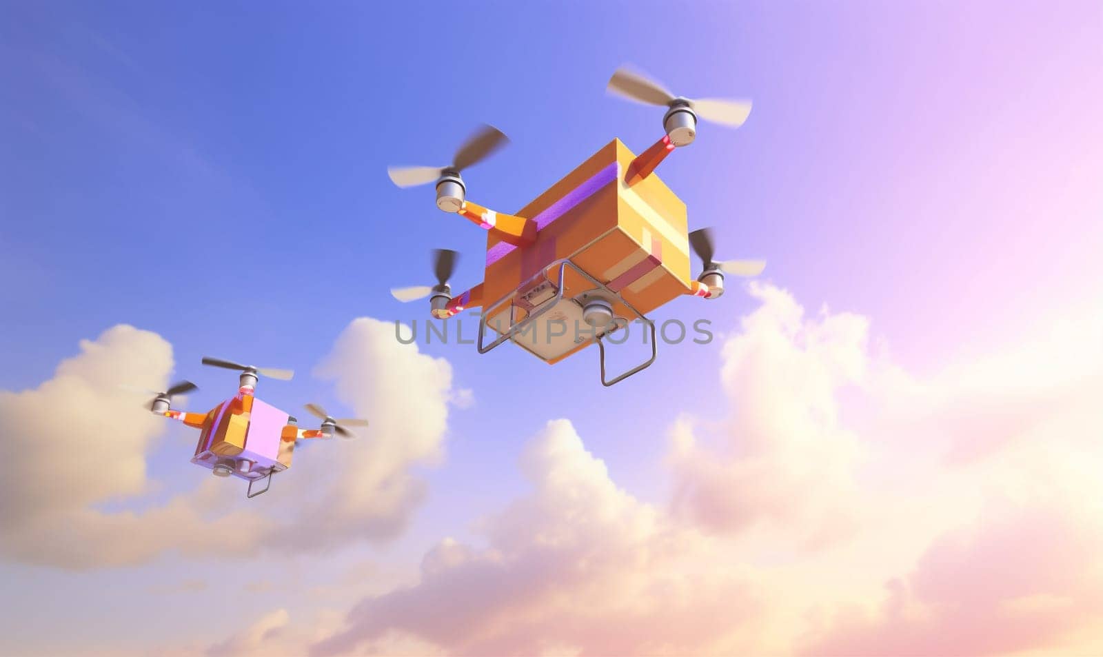 business concept post technology deliver fast express box blue cargo vehicle drone aircraft delivery fly propeller helicopter air parcel flying. Generative AI.
