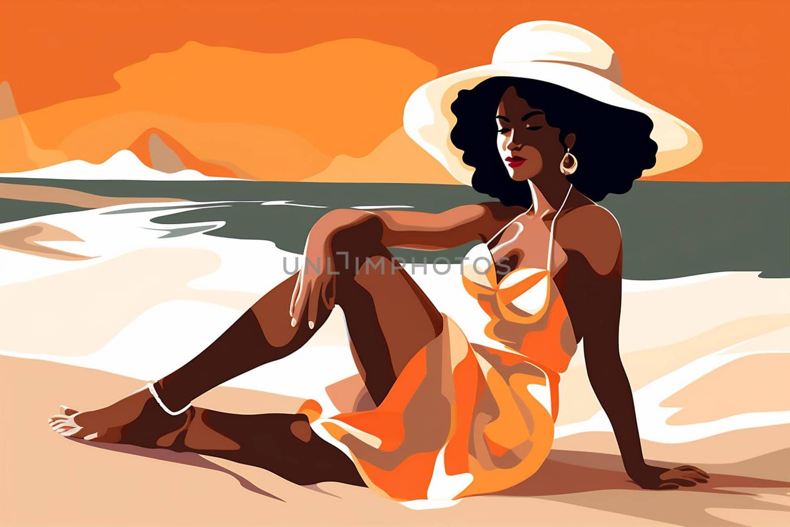 concept woman beach graphic illustration hat black summer beige glamour hair body poster person swim vacation minimal tanned sea background young. Generative AI.