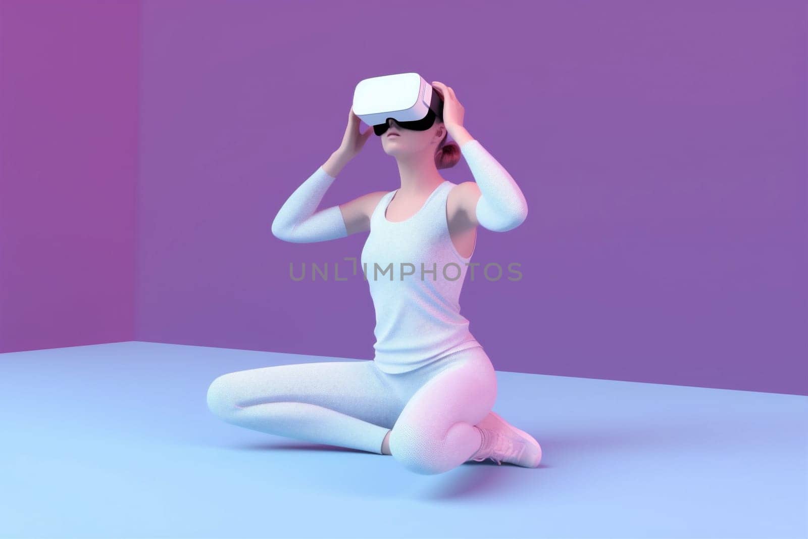 lifestyle woman entertainment blue cyborg glasses background digital reality floating cyberspace virtual vr gadget game sport freedom connect neon innovation person. Generative AI.