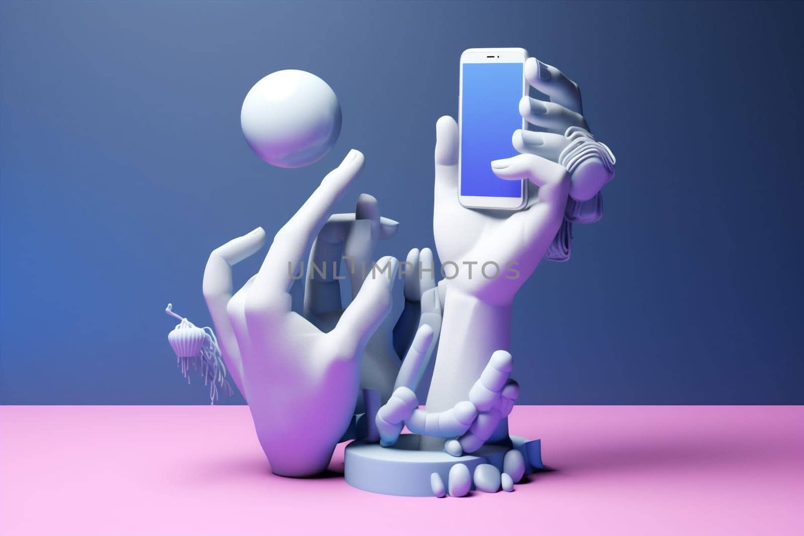 woman cyberspace design minimal trend collage isolated person technology modern abstract art hand background online purple phone app screen contemporary finger. Generative AI.