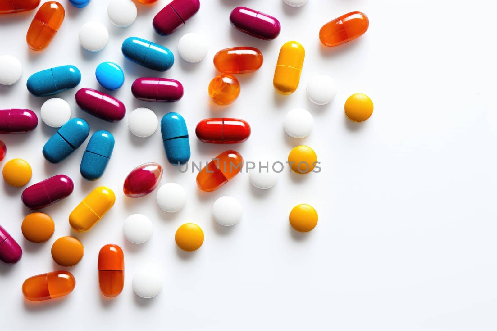 Different pills on white background, flat lay. Taking medications.