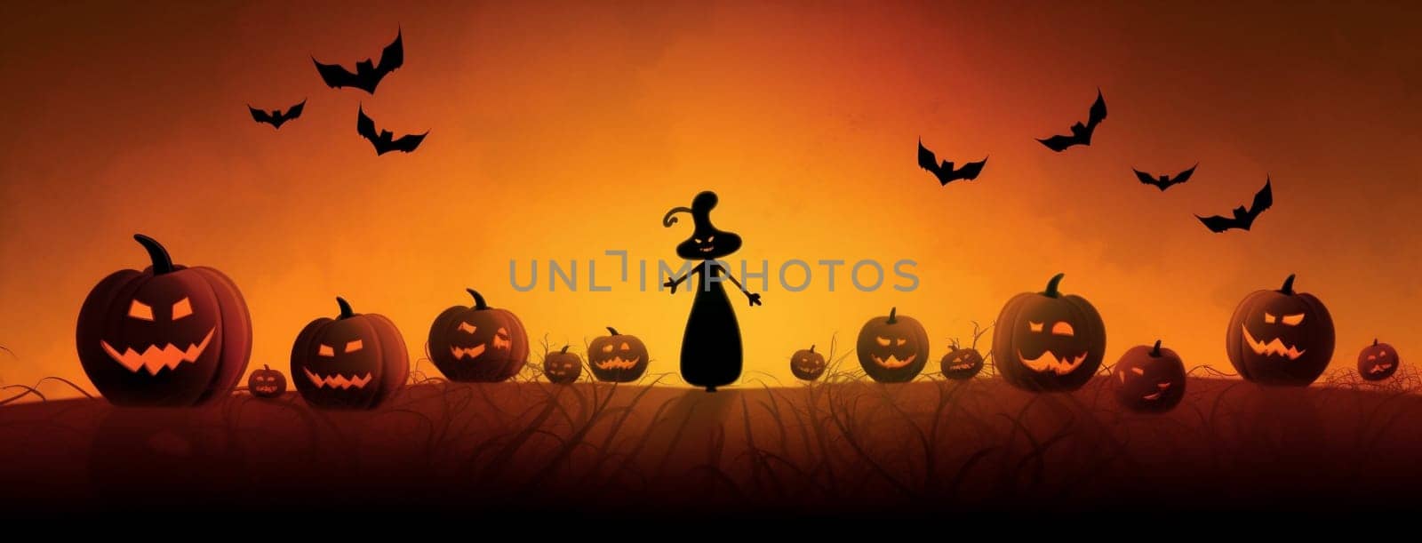 horror spooky happy evil background celebration night old illustration ghost fantasy fear october holiday orange silhouette black halloween dark pumpkin. Generative AI.