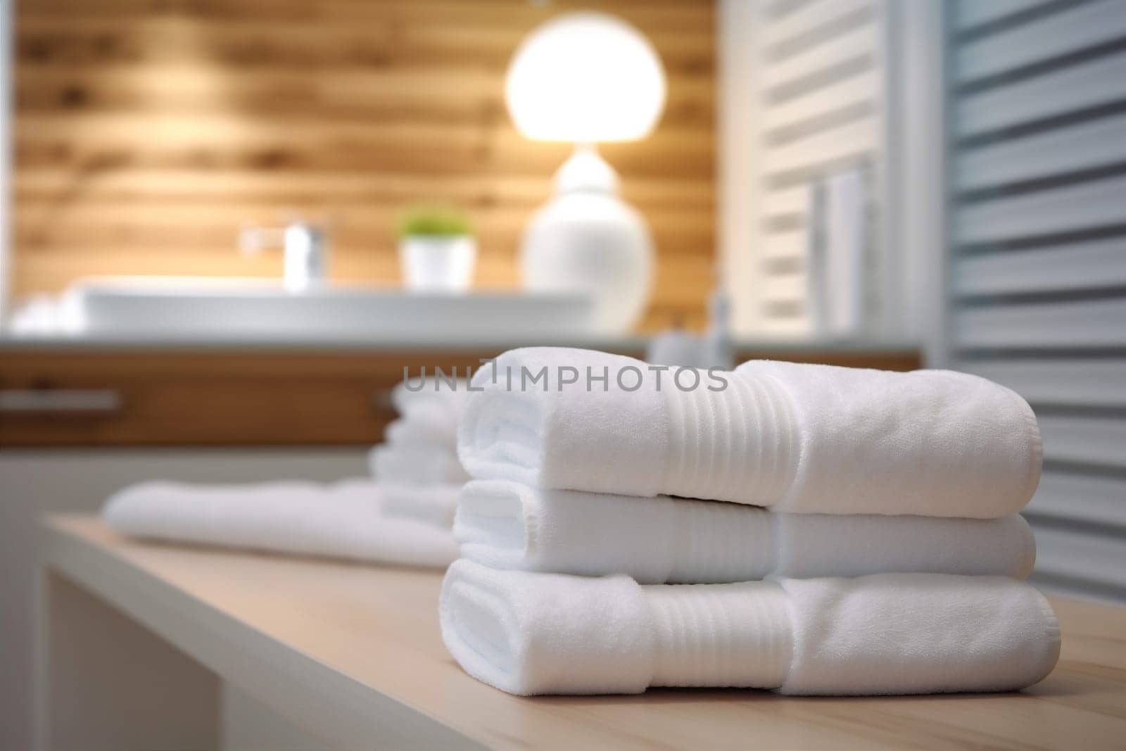 wash design towel bathroom shower indoor stack soft white room laundry clean fabric hotel folded health background space body table home. Generative AI.
