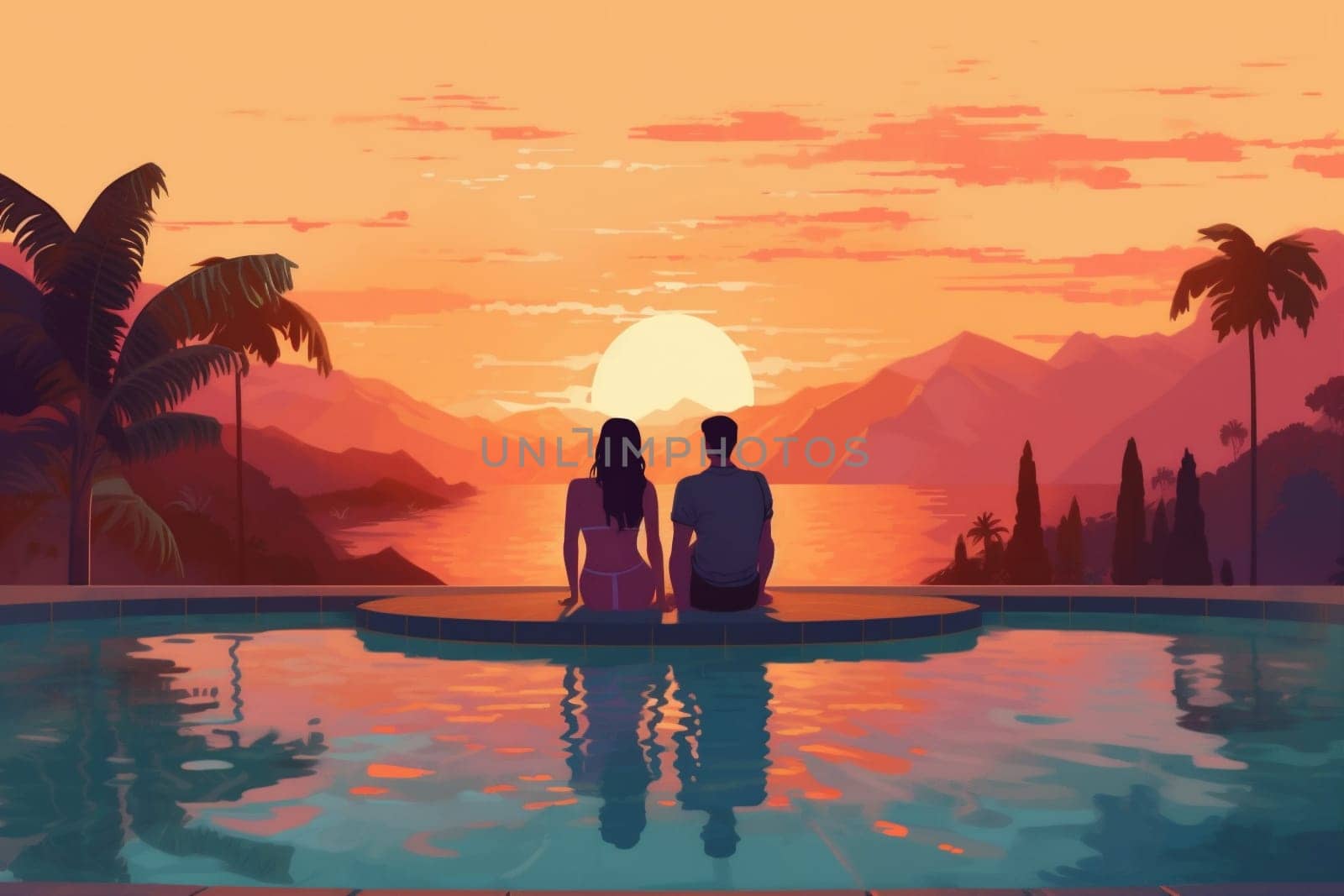 back lovers person escape honeymoon couple romantic travel sunrise vacation island swimming caribbean romance sun relax happy love sunset pool. Generative AI.