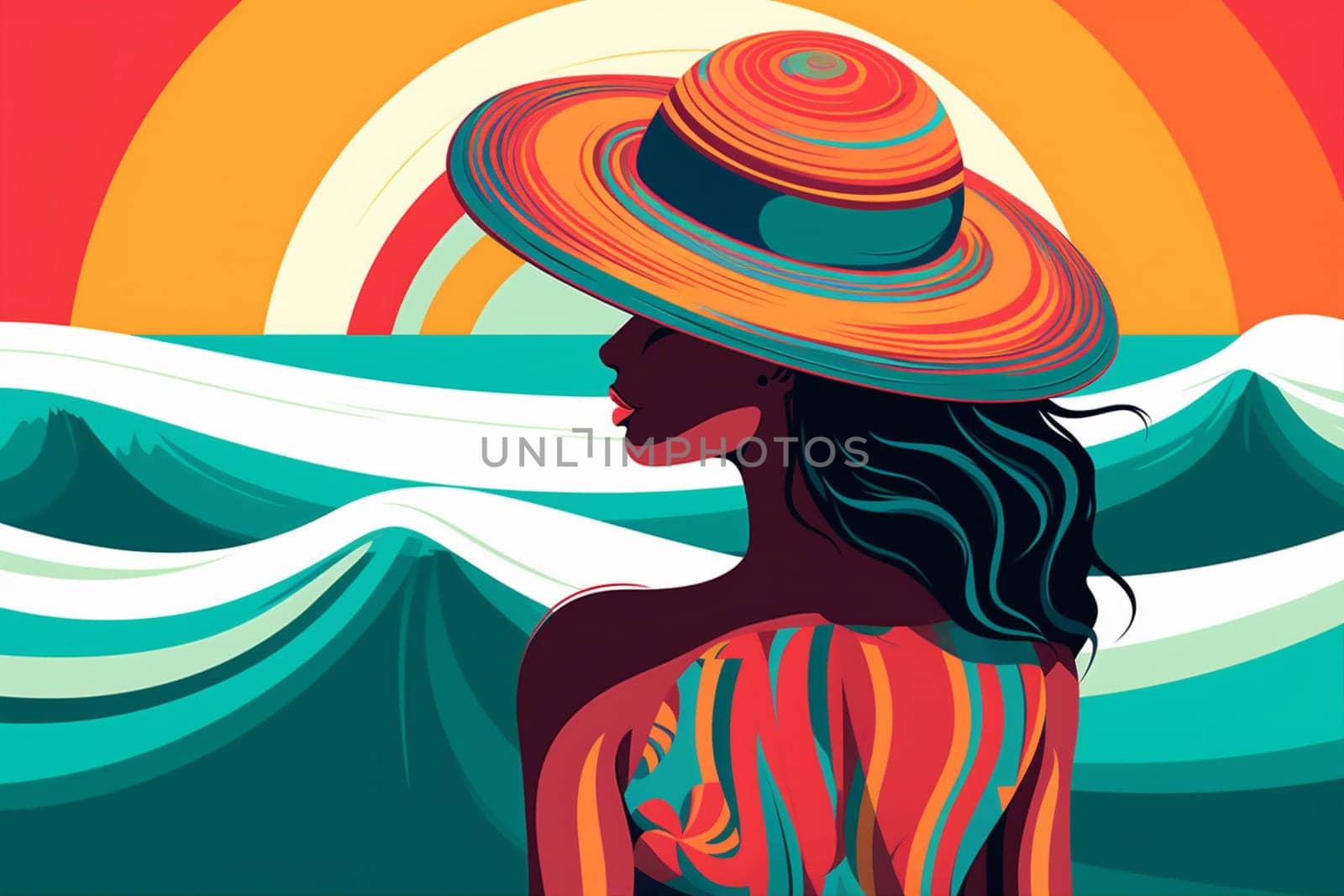 woman concept tanned black retro beach vacation hat young beige summer. Generative AI. by Vichizh