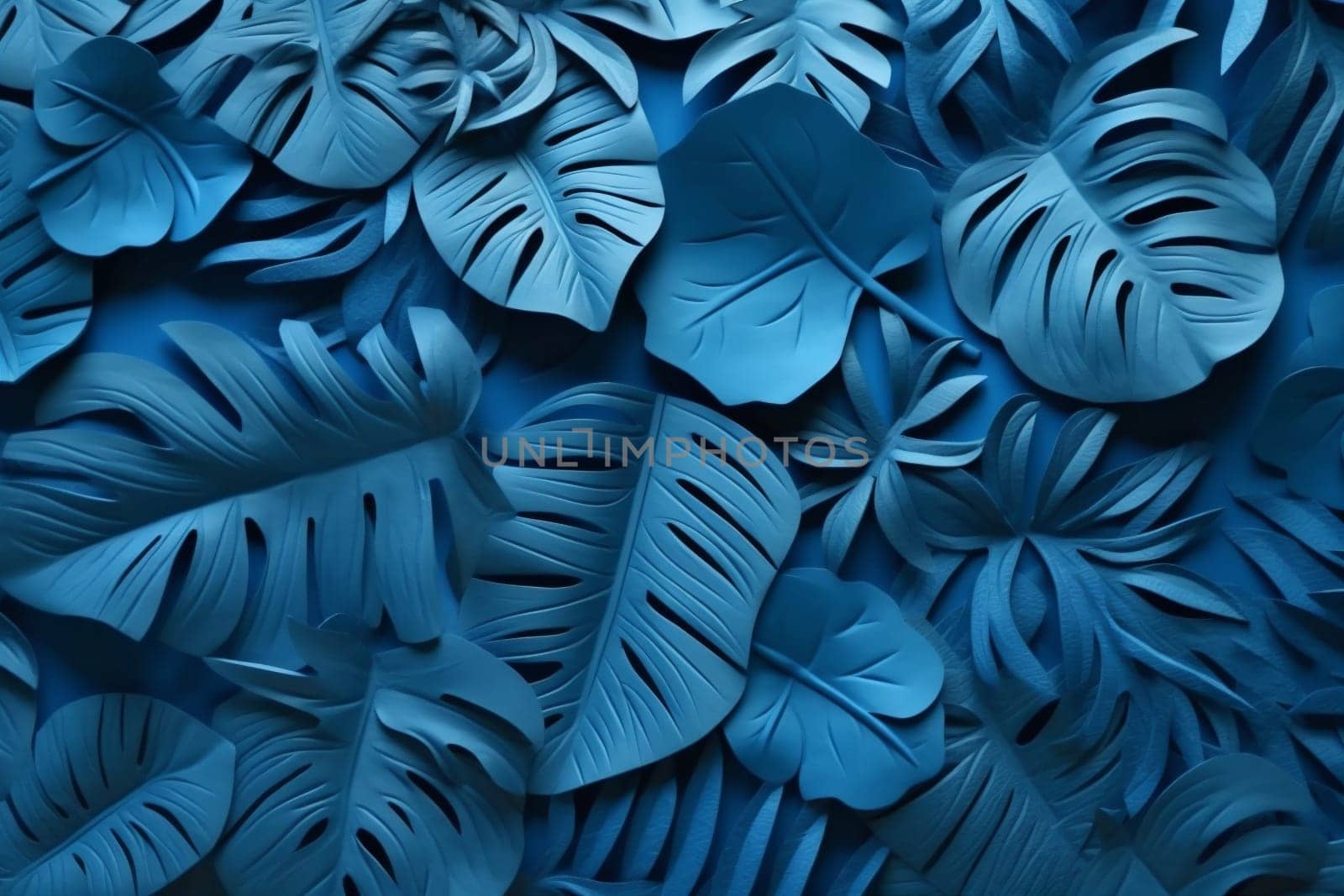 leaf minimal vacation nature hawaii exotic pastel space green tropical plant summer blue botanical paper design copy graphic backdrop illustration background monstera. Generative AI.