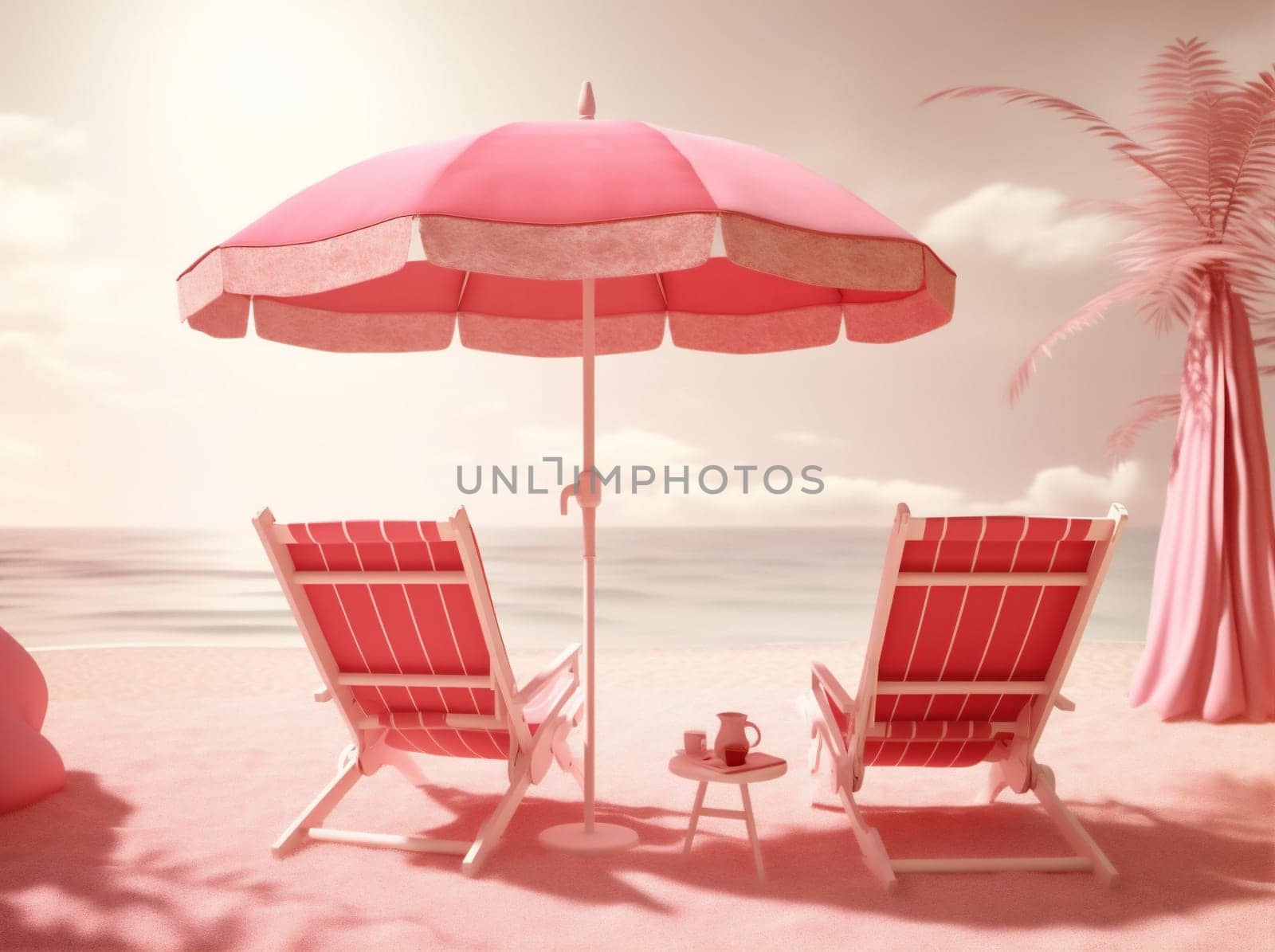 banner sand sea parasol holiday coast pink graphic ocean summer chair umbrella concept vacation beach ball lifestyle sun illustration retro. Generative AI.
