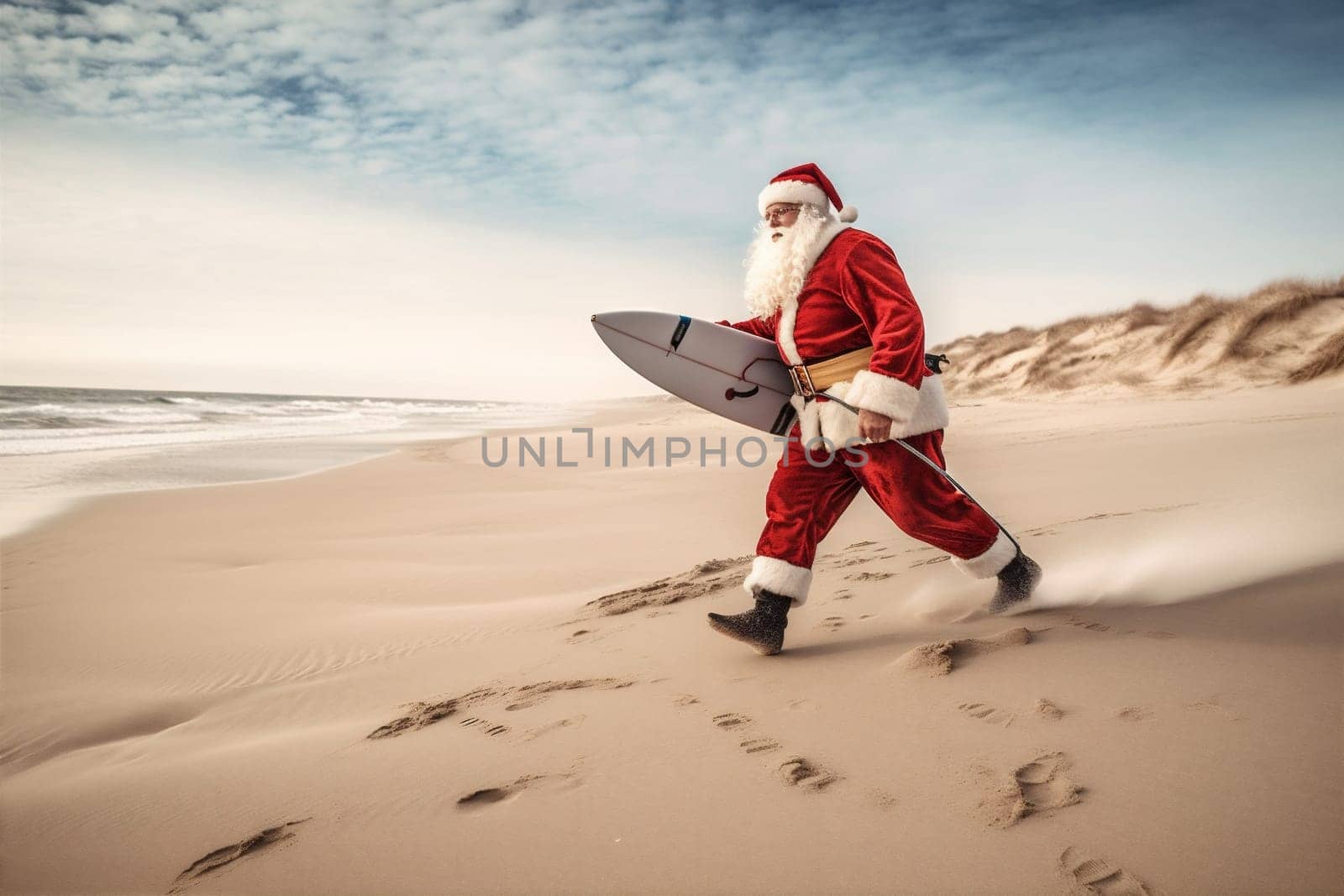 surfing beach sea holiday water claus vacation summer christmas santa. Generative AI. by Vichizh