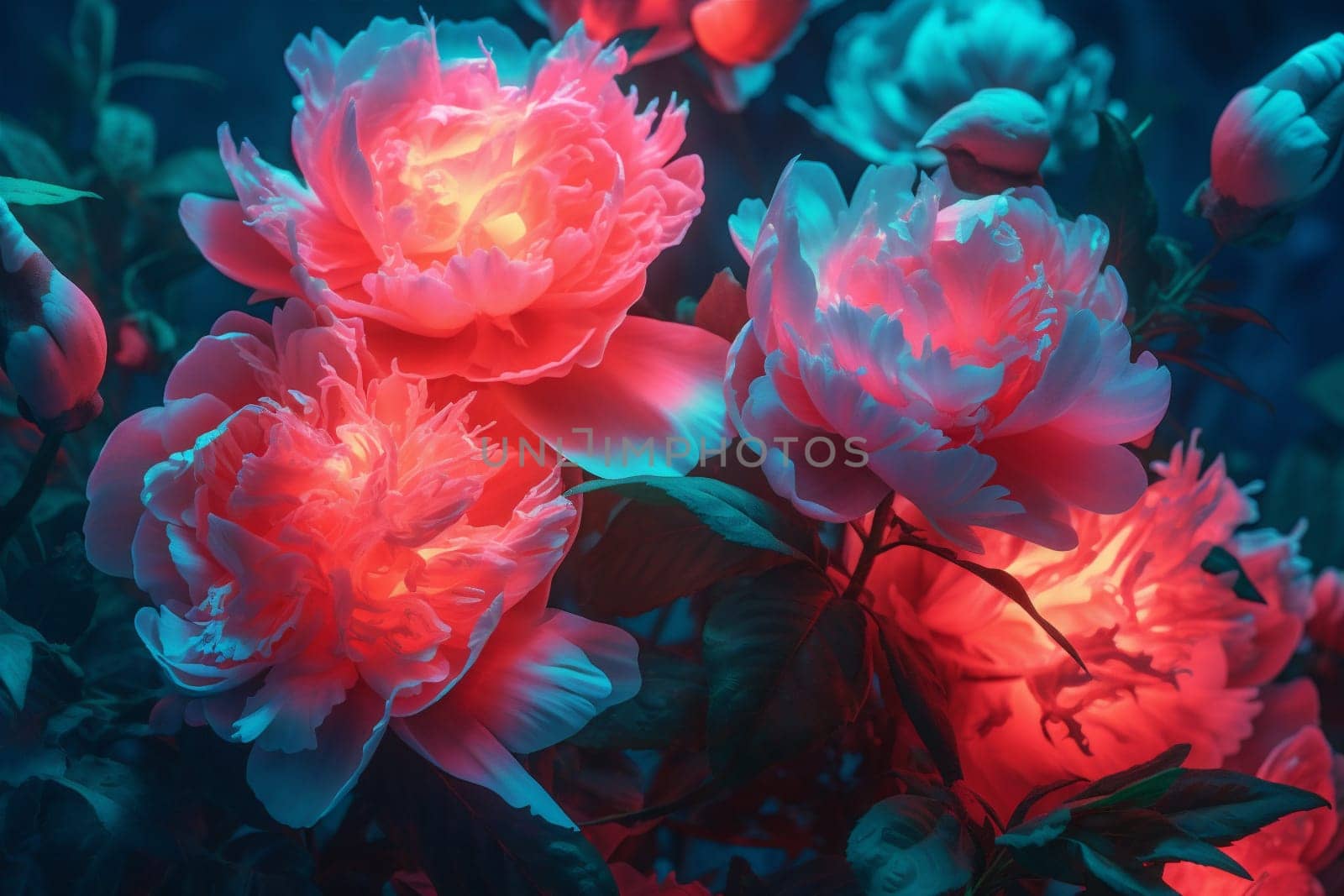 neon bloom abstract dark blossom ai horizontal peony blue trendy flora nature colourful colours pattern leaf bright design high-coloured flower. Generative AI.