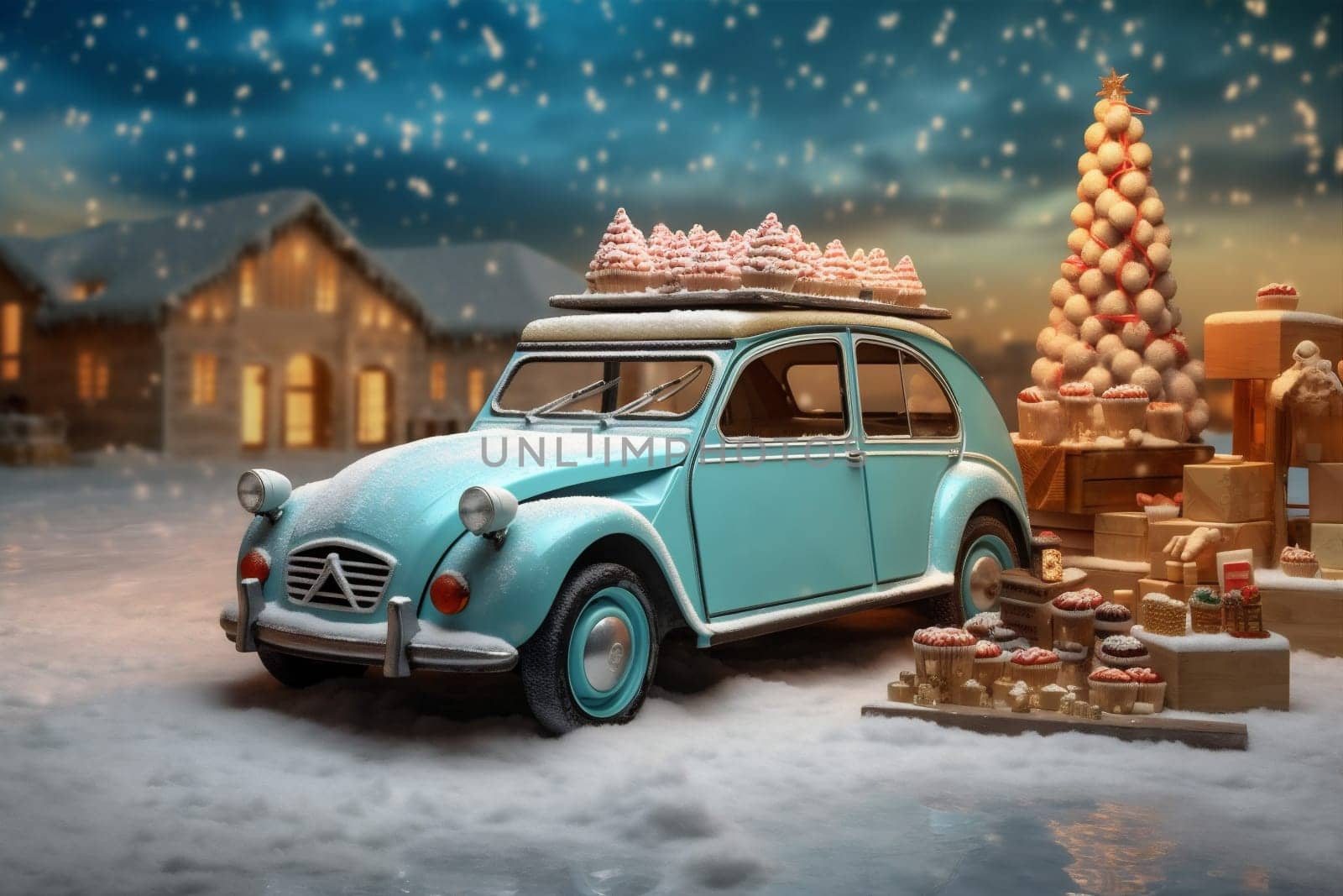 retro christmas merry winter holiday festive snow candy gift car. Generative AI. by Vichizh