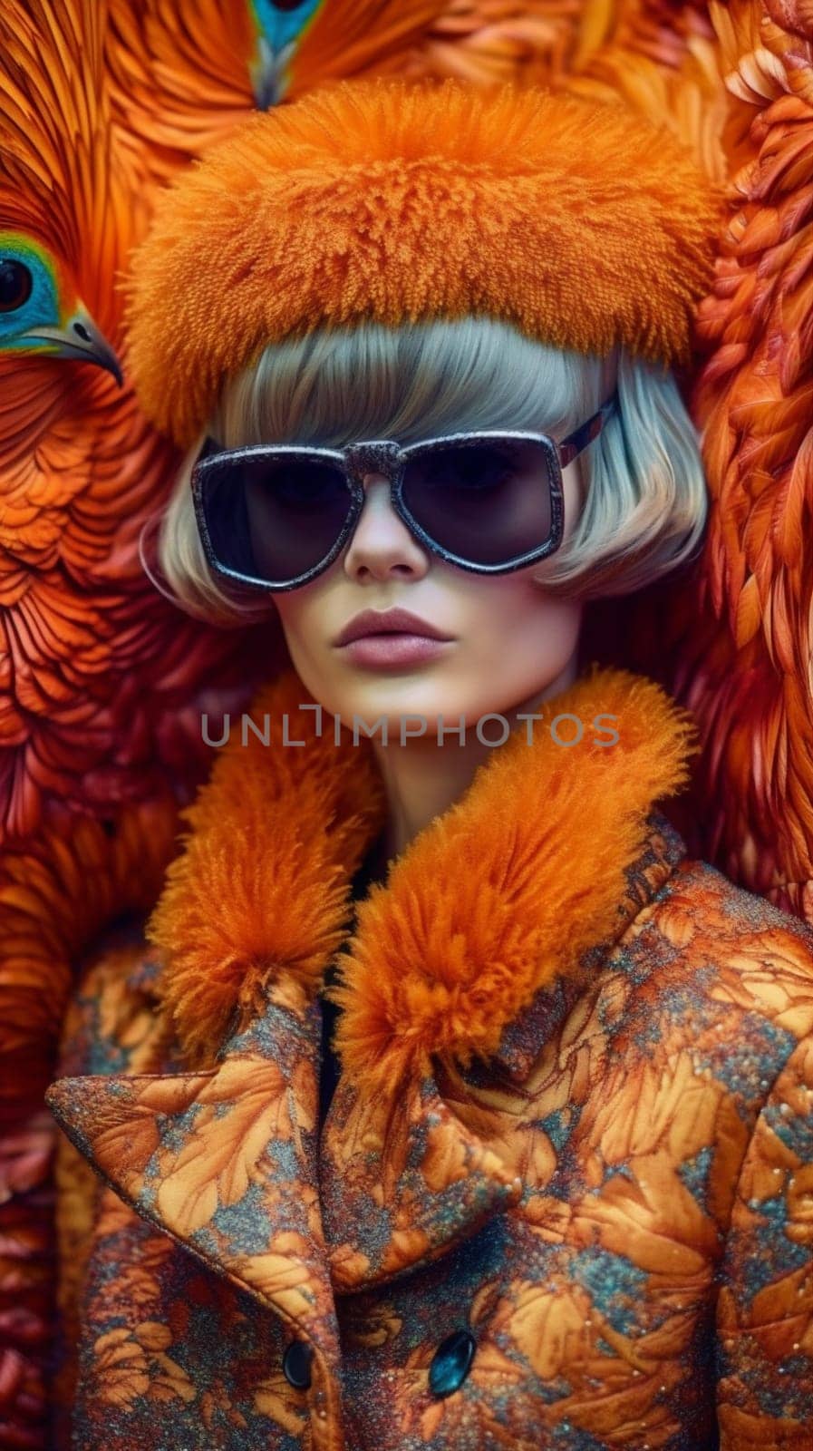 woman bird peacock caucasian face glamour beauty young beautiful fashion jungle. Generative AI. by Vichizh