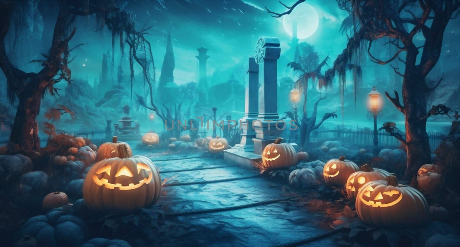 pumpkin grave bat halloween cemetery night moon dark holiday horror. Generative AI. by Vichizh