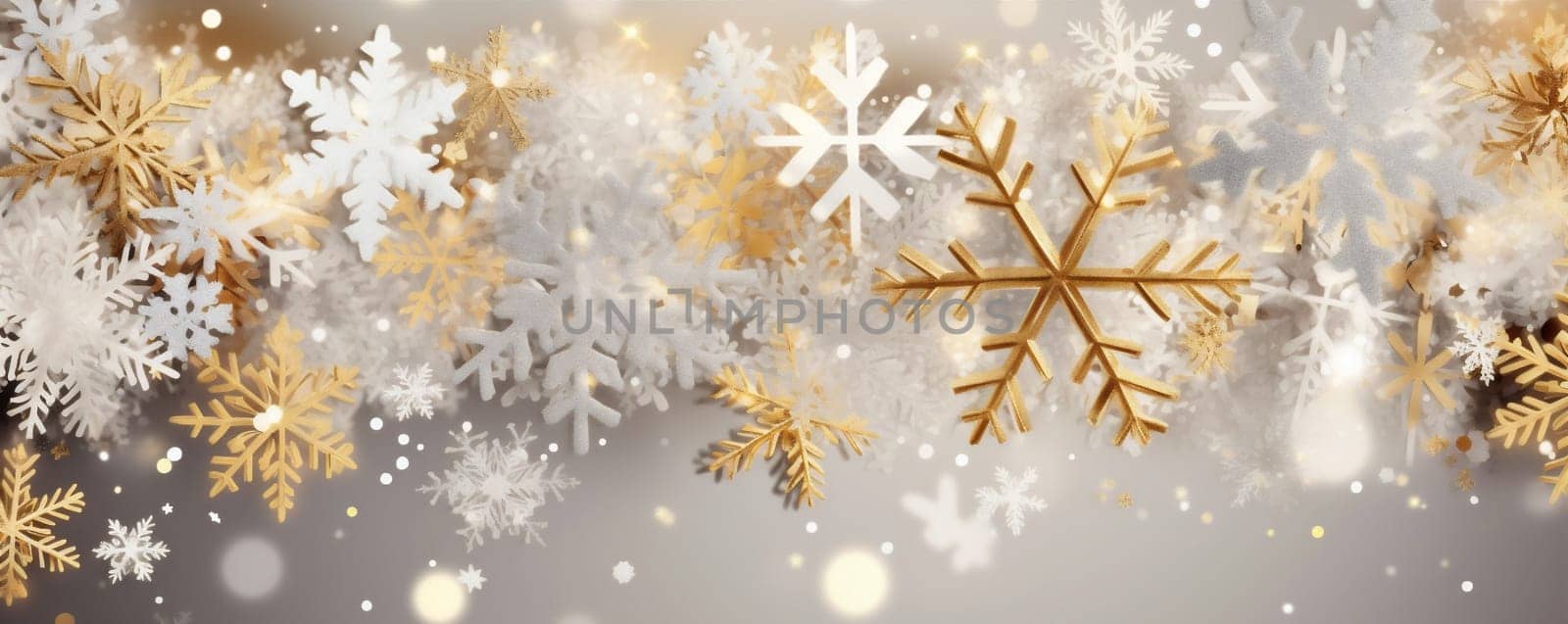 winter gold silver white snowflake christmas decoration abstract snow background holiday. Generative AI. by Vichizh