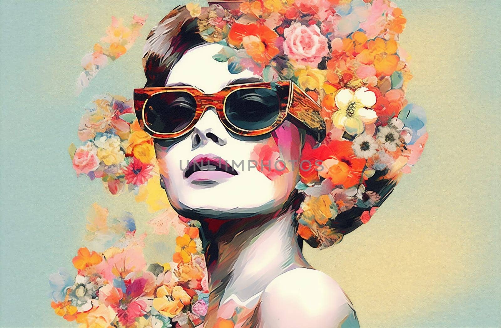 woman flower trend girl model abstract portrait young pop poster imagination dream blossom conceptual lady design face floral fashion art person. Generative AI.