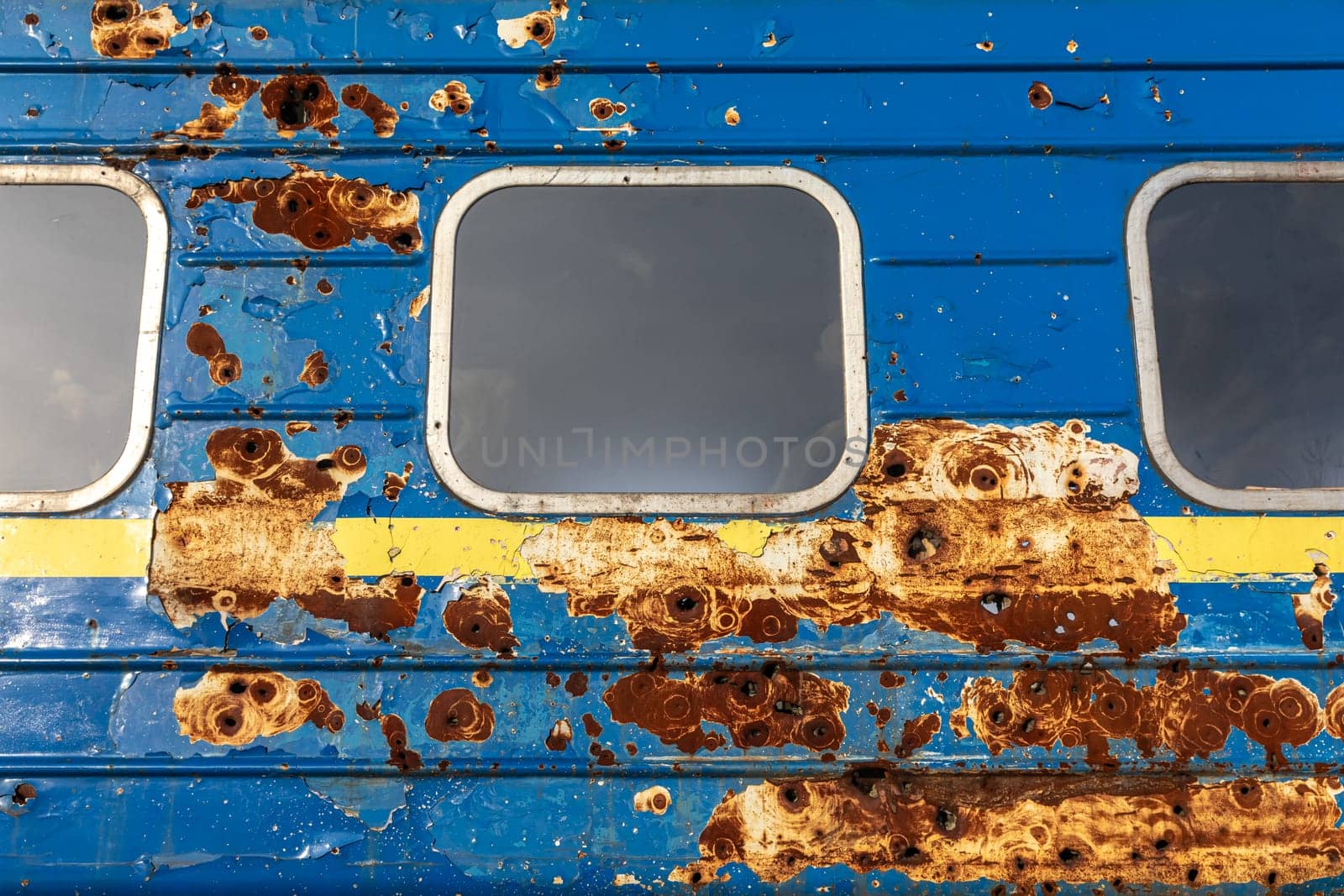 Traces of shelling by Russian troops are seen on a carriage of an evacuation train from Irpin, Kiev region