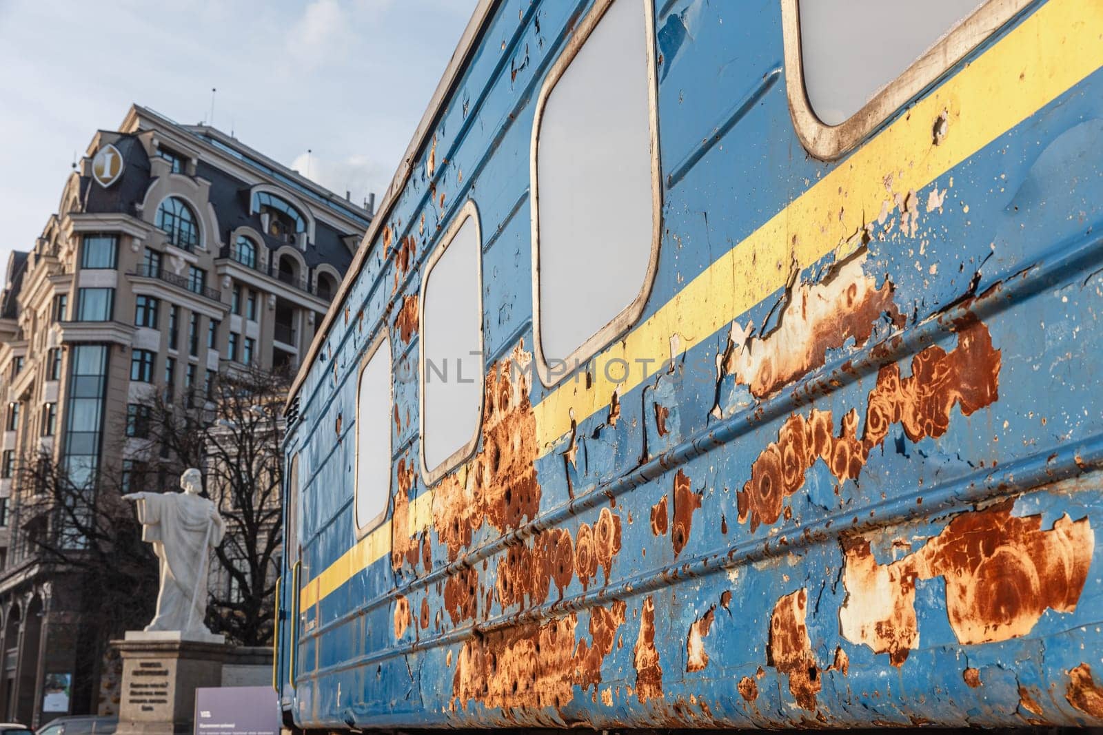 A shelled evacuation wagon is seen on Mykhailivska Square in Kyiv