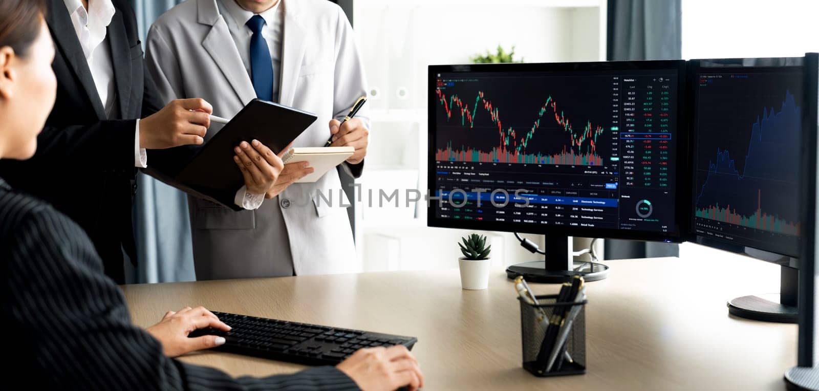 Professional businesspeople discussion about financial investment. Female broker presents growth graph while cooperative investors comparison financial data with the information in laptop. Burgeoning.