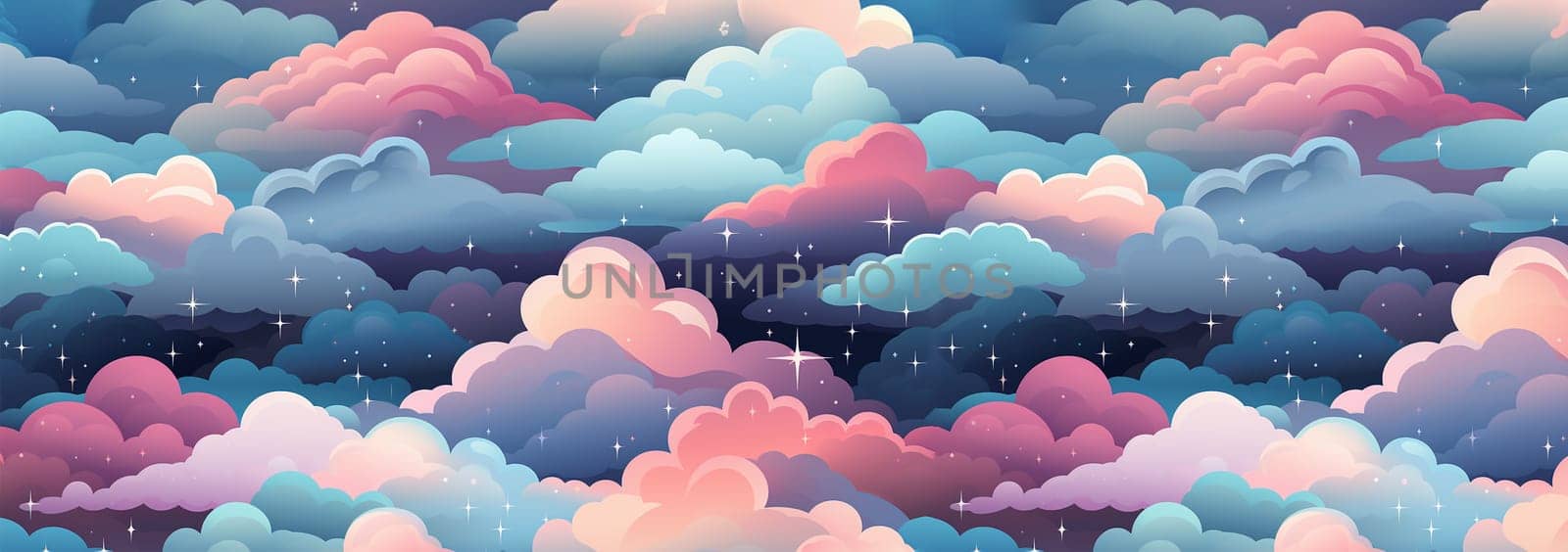Banner Cute colorful pastel clouds seamless pattern background. Rainbow unicorn background with clouds and stars. Pastel color sky. Magical landscape, abstract fabulous pattern. Cute candy wallpaper. by Annebel146