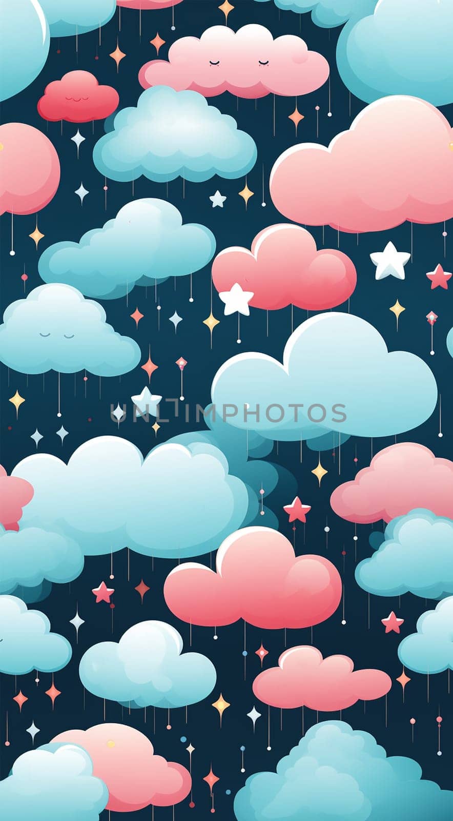 Cute colorful pastel clouds seamless pattern background. Rainbow unicorn background with clouds and stars. Pastel color sky. Magical landscape, abstract fabulous pattern. Cute candy wallpaper. by Annebel146