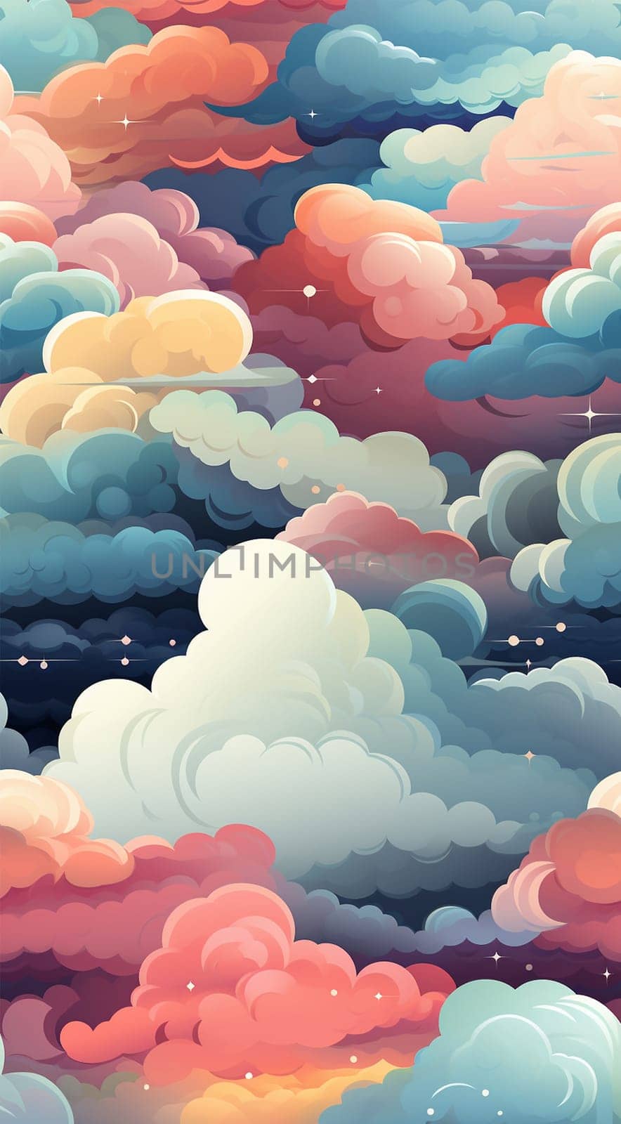 Cute colorful pastel clouds seamless pattern background. Rainbow unicorn background with clouds and stars. Pastel color sky. Magical landscape, abstract fabulous pattern. Cute candy wallpaper. Copy space