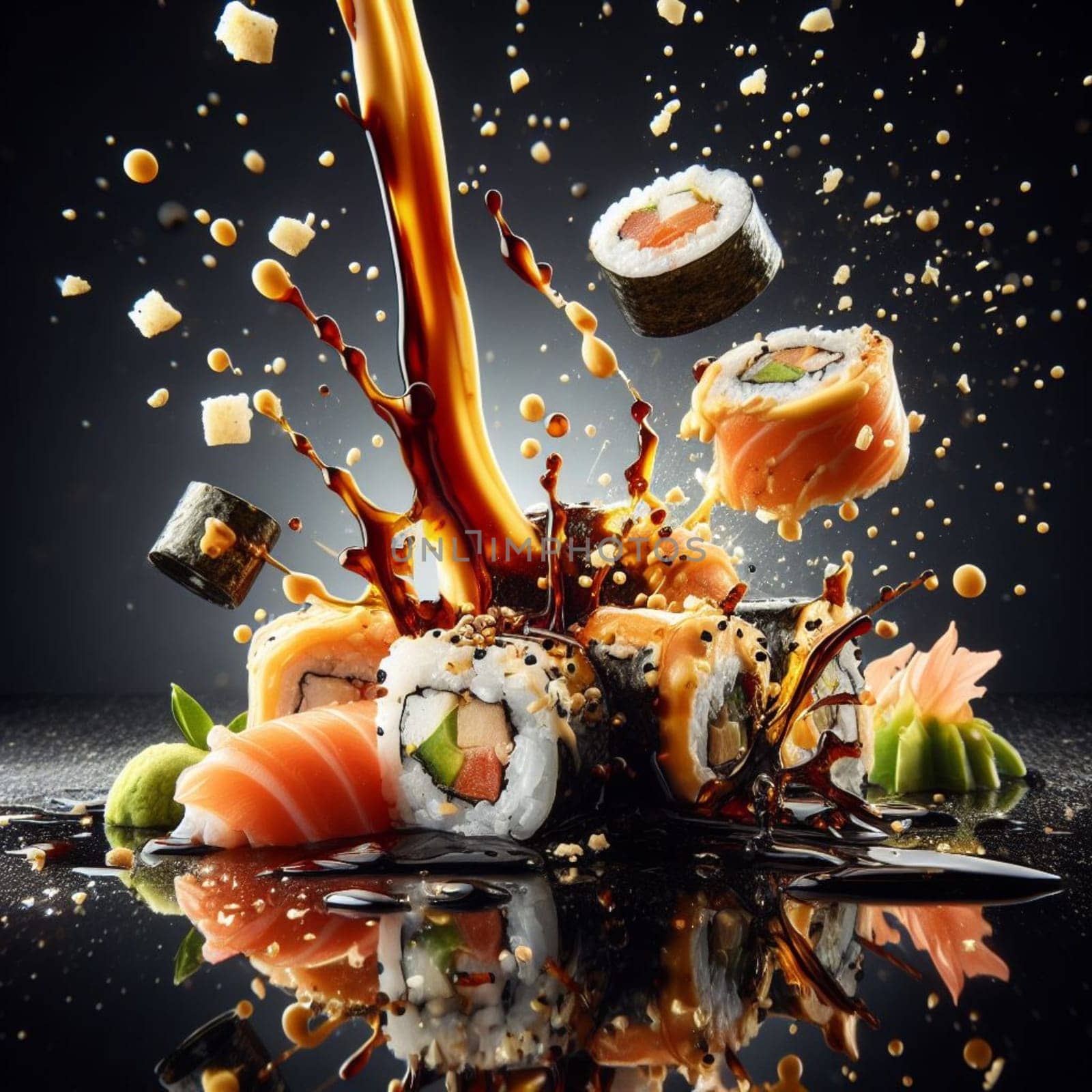 fly sushi roll sashimi japan food and ingredients soy sauce splash, stick, concept illustration generative ai art