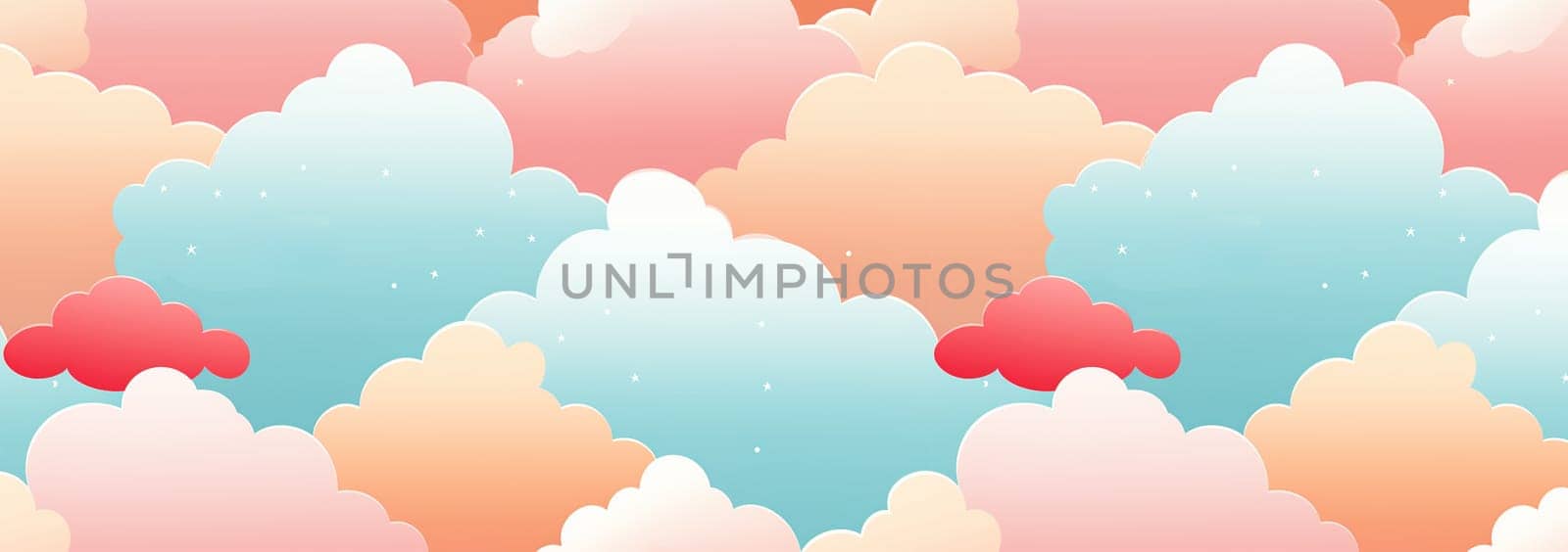 Banner Cute colorful pastel clouds seamless pattern background. Rainbow unicorn background with clouds and stars. Pastel color sky. Magical landscape, abstract fabulous pattern. Cute candy wallpaper. Copy space