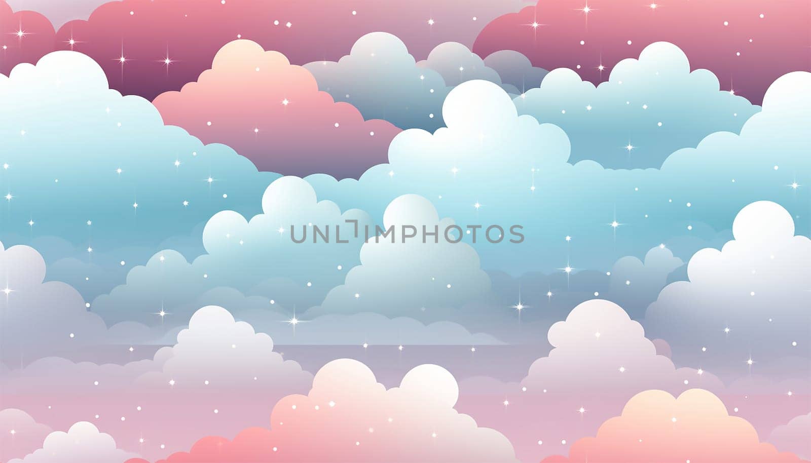 Cute colorful pastel clouds seamless pattern background. Rainbow unicorn background with clouds and stars. Pastel color sky. Magical landscape, abstract fabulous pattern. Cute candy wallpaper. Copy space