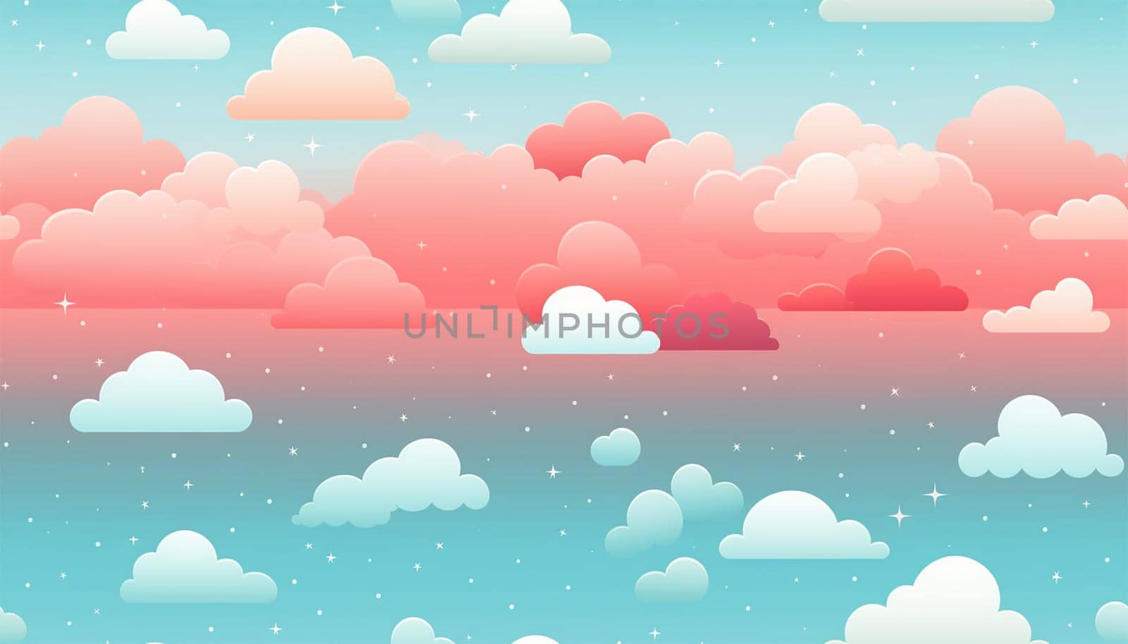 Cute colorful pastel clouds seamless pattern background. Rainbow unicorn background with clouds and stars. Pastel color sky. Magical landscape, abstract fabulous pattern. Cute candy wallpaper. Copy space