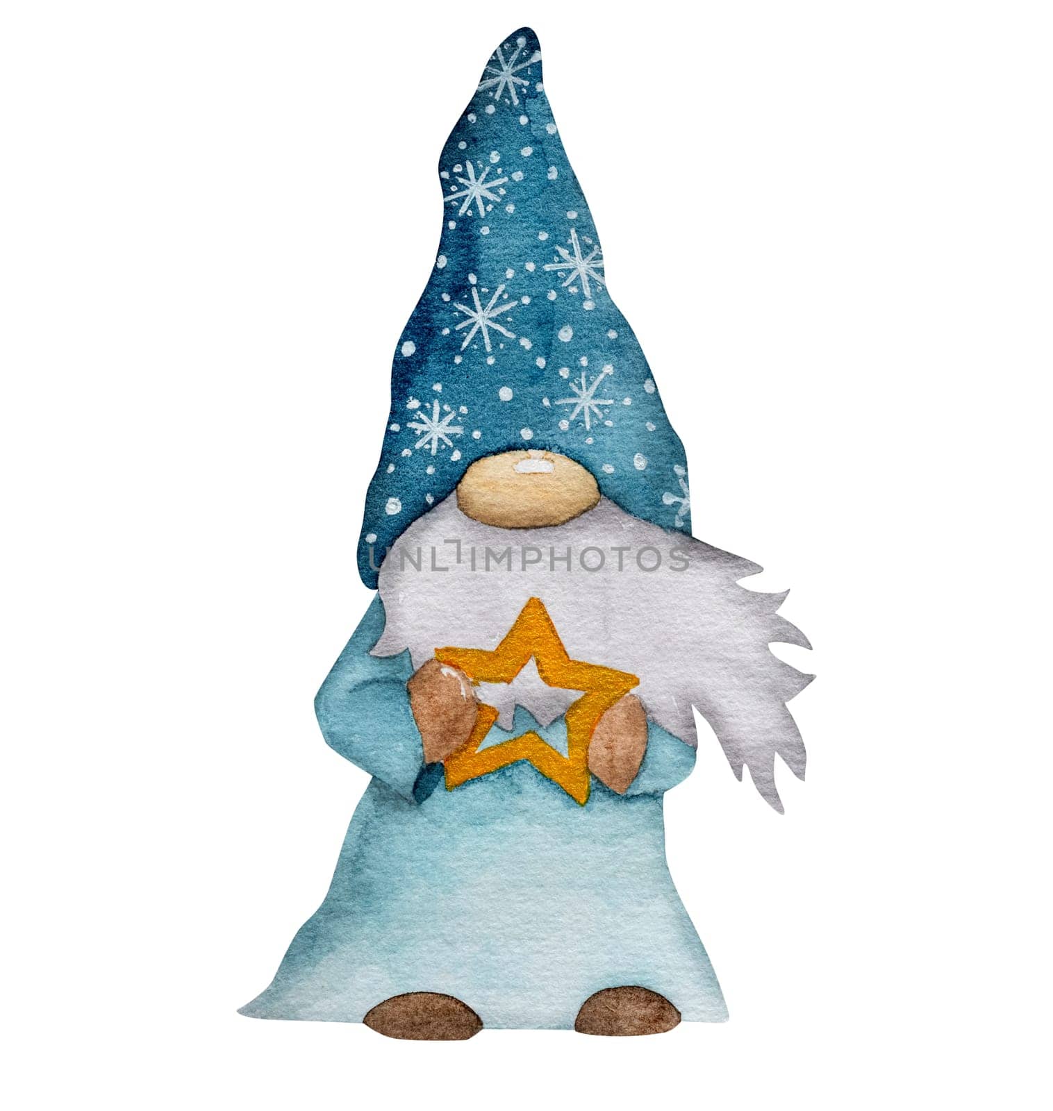 Watercolor Illustration Of A Christmas Gnome In Scandinavian Style, Holding A Star, Brings Festive New Year Cheer