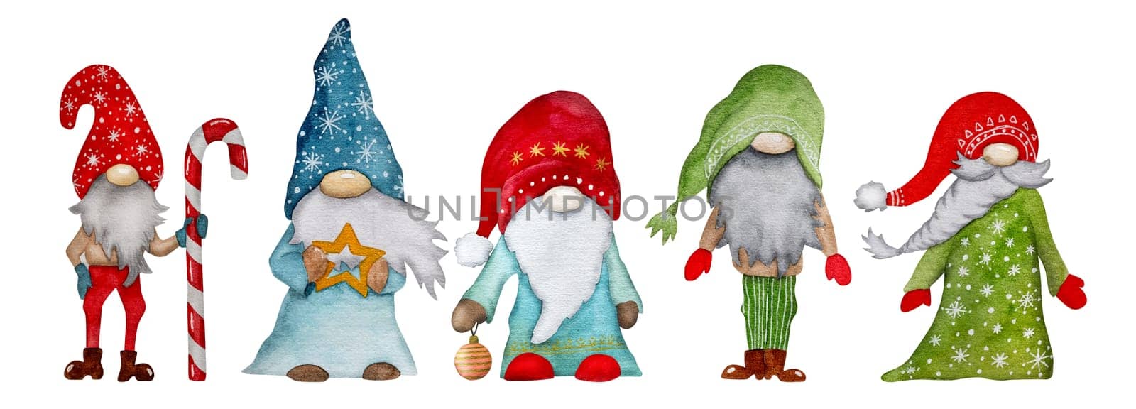 Watercolor Illustration Of Christmas Gnome In Scandinavian Style, A Set Of Gnomes For New Year'S Celebration