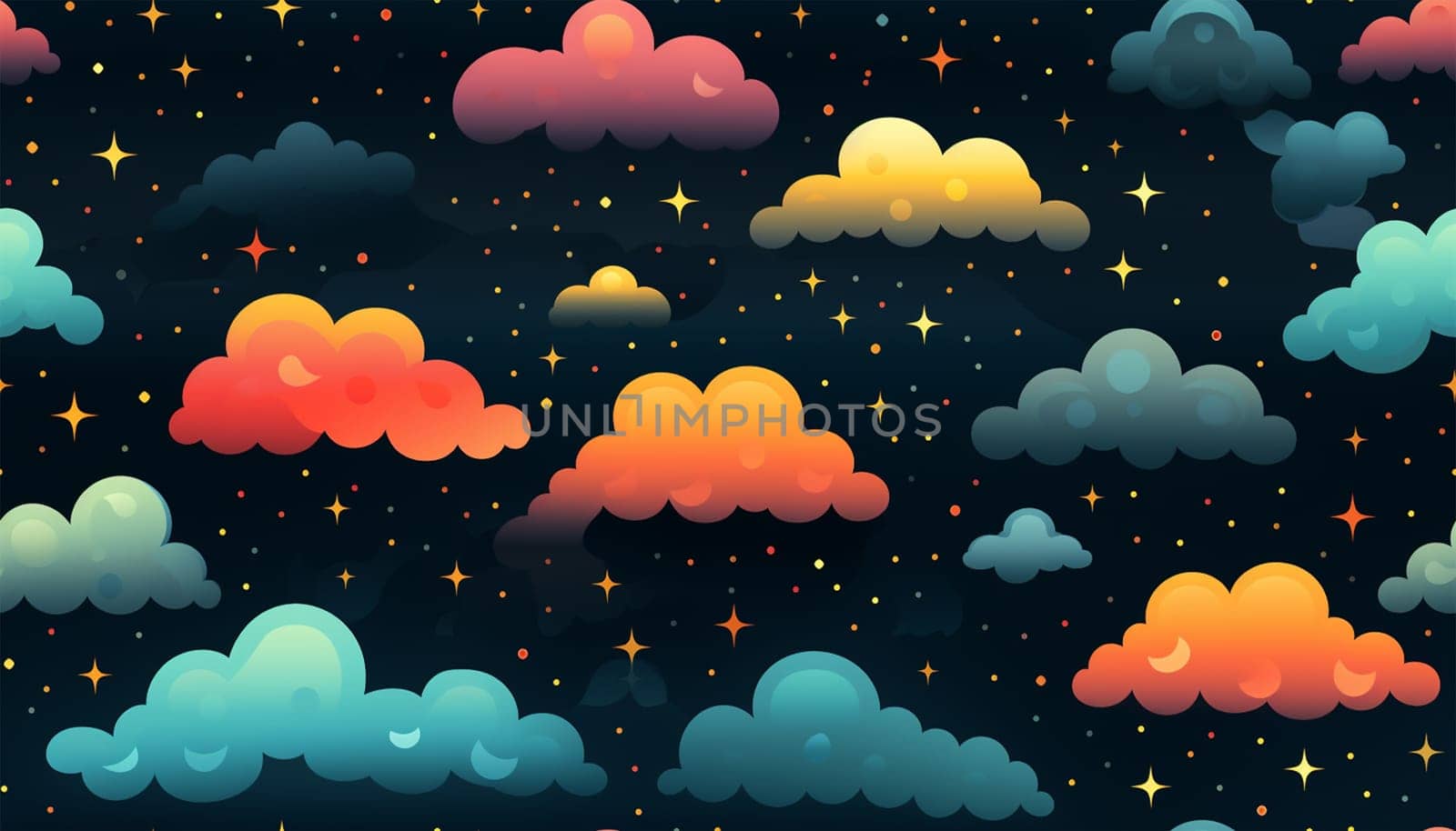 Cute night sky background with colorful clouds. dark blue seamless pattern with gold foil constellations, stars and clouds. Watercolor night sky background Dreamy design copy space