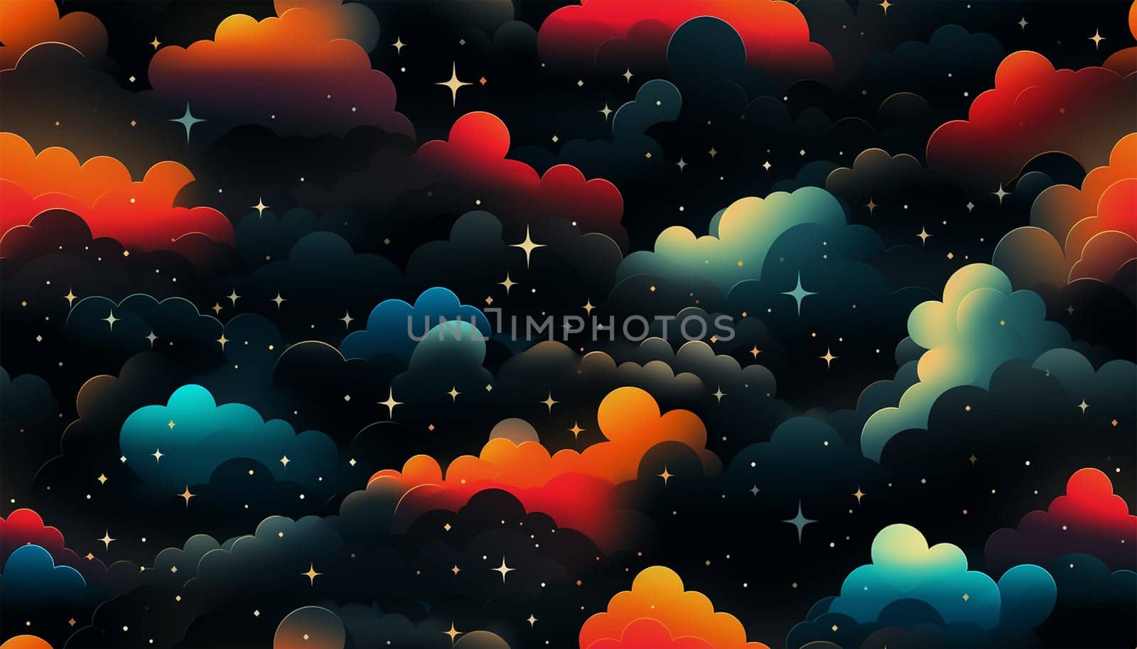 Cute night sky background with colorful clouds. dark blue seamless pattern with gold foil constellations, stars and clouds. Watercolor night sky background Dreamy design copy space