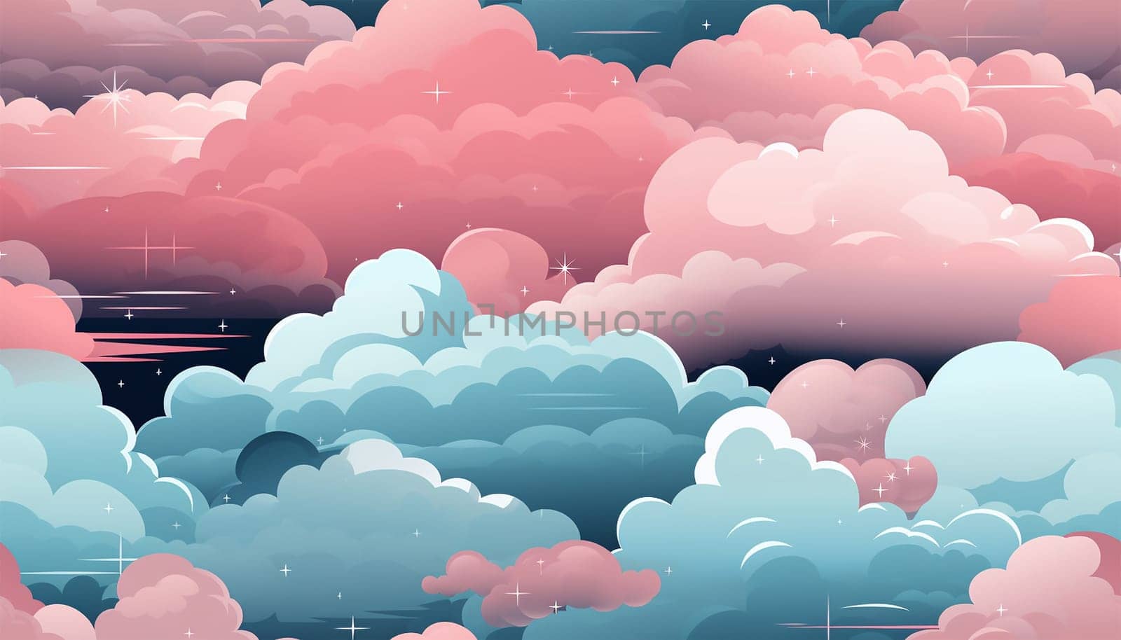 Cute night sky background with colorful clouds. dark blue seamless pattern with gold foil constellations, stars and clouds. Watercolor night sky background Dreamy design copy space