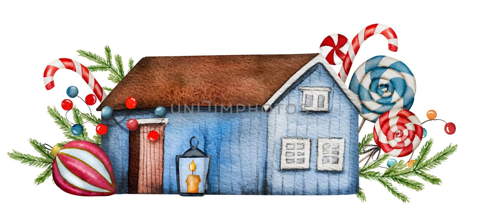 Watercolor Illustration Of Christmas Features A Cute Little House, New Year Decorations, Candies, And Fir Branches