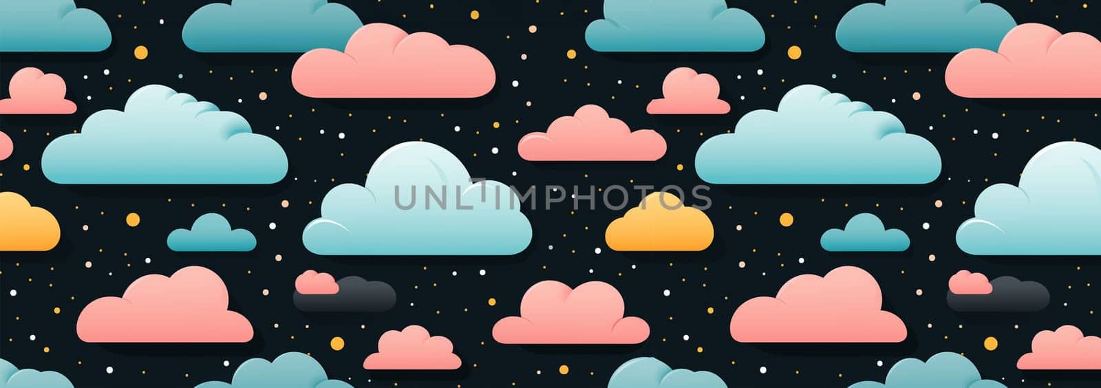 Cute night sky background with colorful clouds. dark blue seamless pattern with gold foil constellations, stars and clouds. Watercolor night sky background Dreamy design copy space