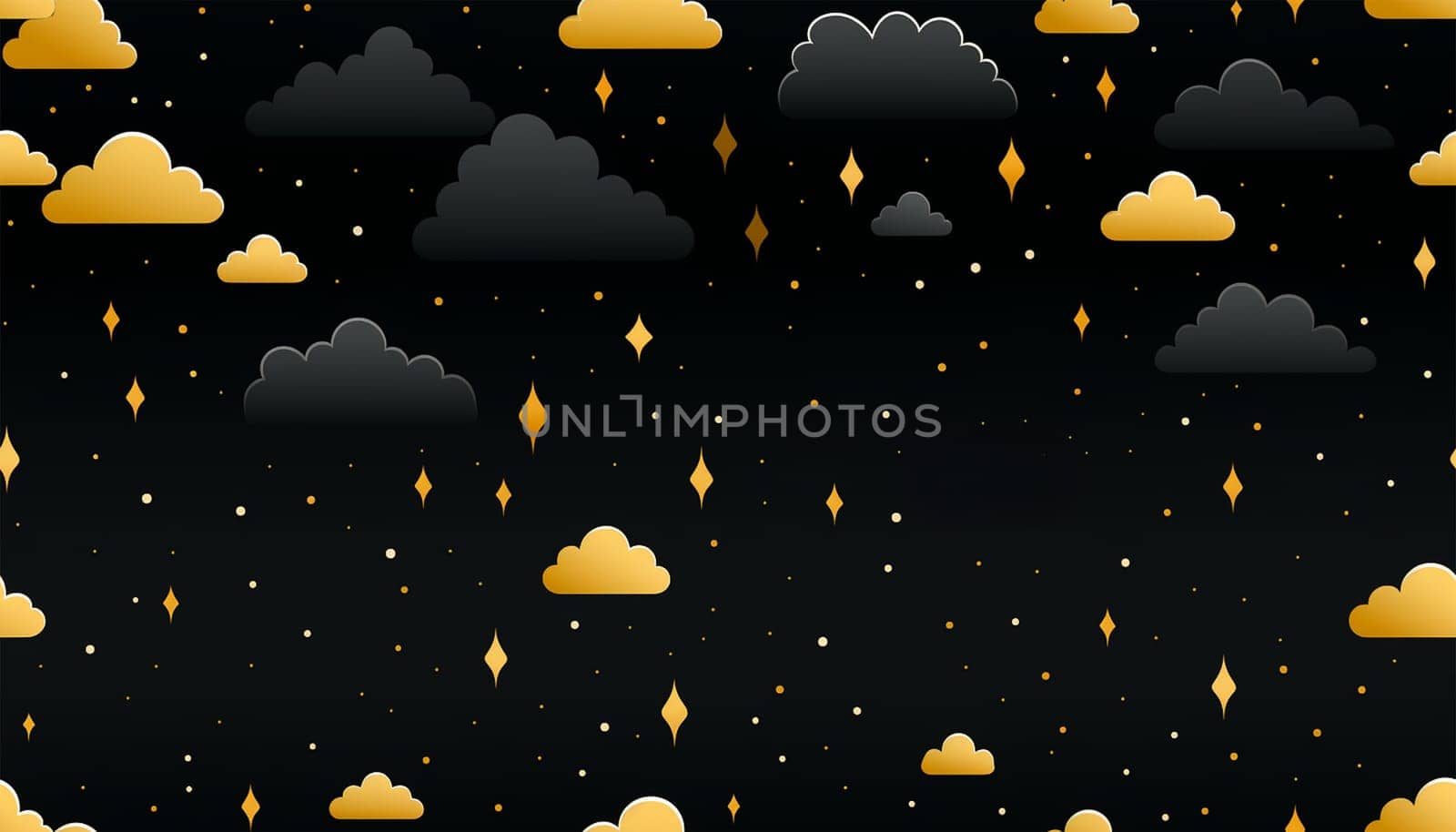 Cute night sky background with colorful clouds. dark blue seamless pattern with gold foil constellations, stars and clouds. Watercolor night sky background Dreamy design copy space