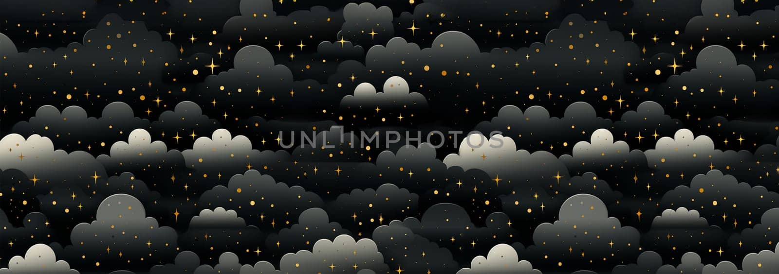 Cute night sky background with colorful clouds. dark blue seamless pattern with gold foil constellations, stars and clouds. Watercolor night sky background Dreamy design copy space